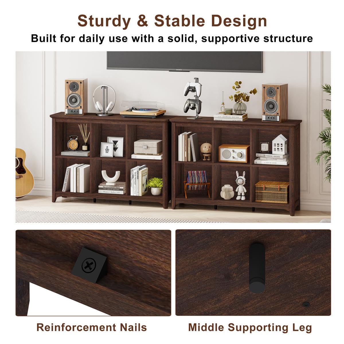 BON AUGURE 6 Cube Storage Organizer Book Shelf, Horizontal Bookshelf with Round Corners, Rustic Low Wooden Bookcase for Living Room, Bedroom, Office - Brown Cherry, 43" Wide