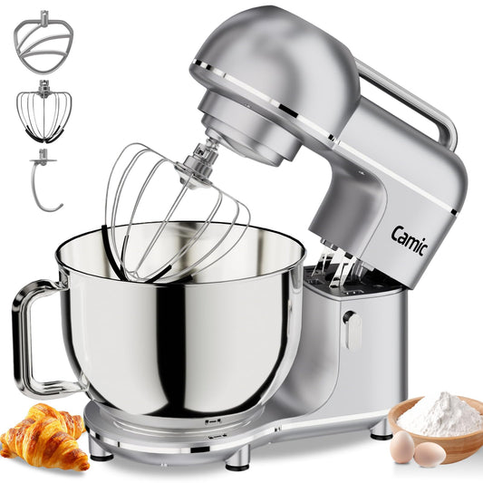 Camic Electric Stand Mixer,7.45 QT,10 Speeds with Dough Hook,Whisk, Flat Beater Attachments, Splash Guard, Easy-Carry Top Handle,3-IN-1 Kitchen Mixer for Baking Cakes Cookie Bread Salad (Silver)
