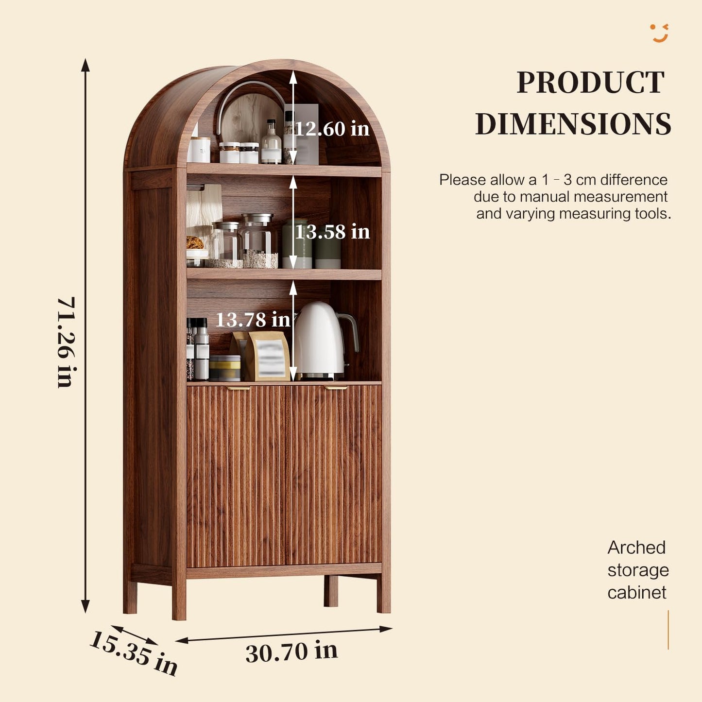 Ieejdn 71" Tall Arched Kitchen Pantry,Modern Fluted Wood Storage Cabinet with Doors,Adjustable Shelves,Organizer, Versatile Cupboard for Kitchen,Living Room,Dining Room,Bathroom,Walnut3