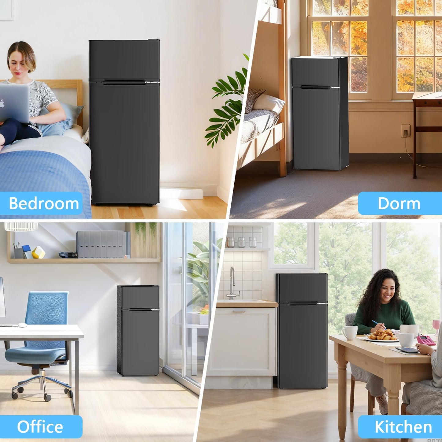 4.5 Cu.Ft Dorm Fridge With Freezer, 2-Door Compact Refrigerator With 2 Removable Shelves, 3 Level Adjustable Thermostat, Commercial Office Fridge for Bedroom, Kitchen, Apartment, Dorm, Black