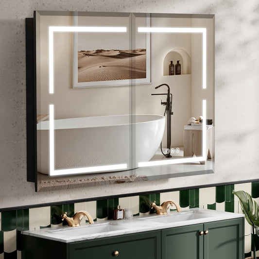 GUIQIYANG Medicine Cabinet, LED Mirror Cabinet for Bathroom with 3-Color with Mirror Defog, Recessed or Surfaced Wall-Mounted (36X30)