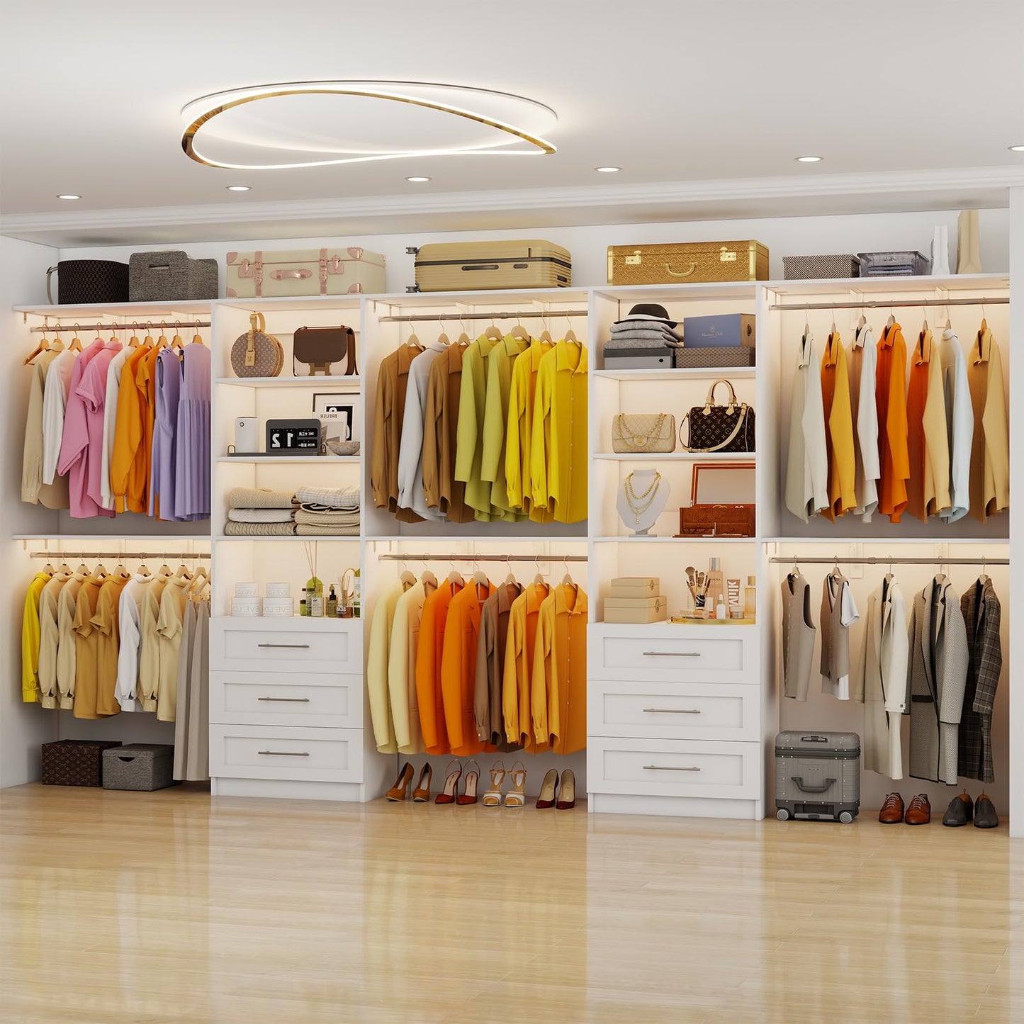 secilix Closet System with 6 Wood Drawers, 6-12FT Closet Organizer System with Cuttable Shelves for Walk in Closet with 6 Expandable Hanging Rods, Heavy Duty Built-in Closet for Bedroom, White