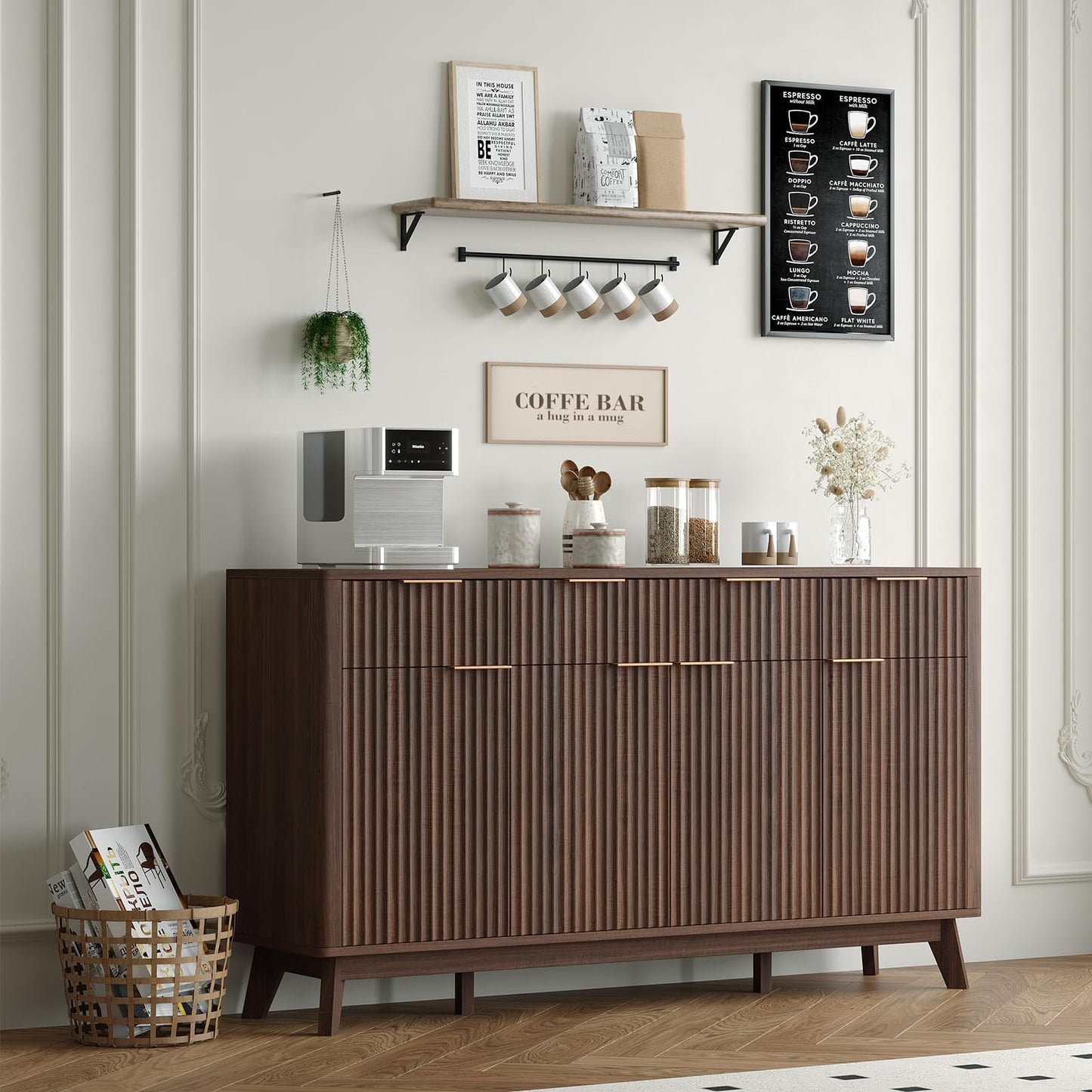 GarveeHome 60" Large Farmhouse Sideboard Buffet Cabinet with Storage Drawers & Adjustable Shelves, Wood Fluted Buffet Storage Cabinet & Coffee Bar Console Table for Living Room & Kitchen Dining Room