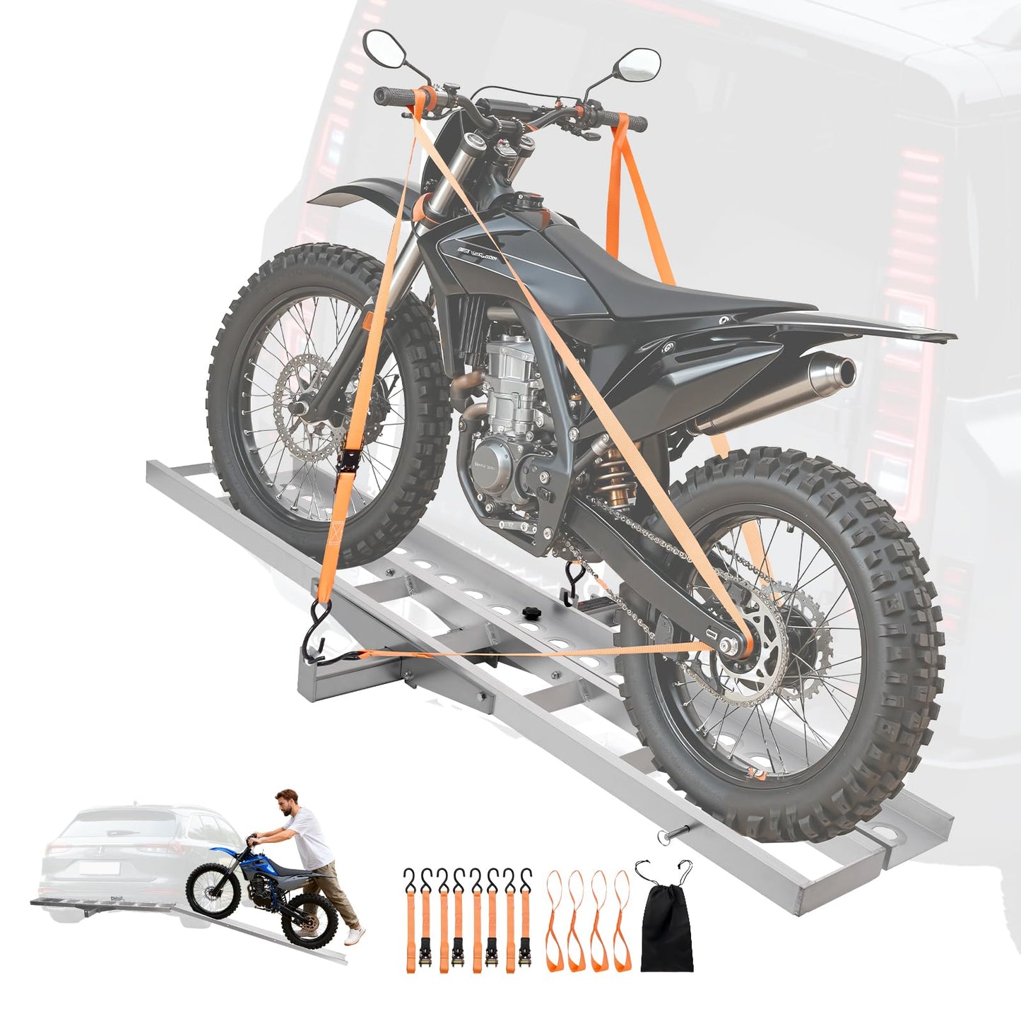 VEVOR Motorcycle Carrier, 400 lbs Capacity, Heavy Duty Aluminum Hitch Mount Rack with 73in Loading Ramp, Straps & Stabilizer, Scooter Dirt Bike Trailer Hauler for Car Truck with 2-Inch Hitch Receiver
