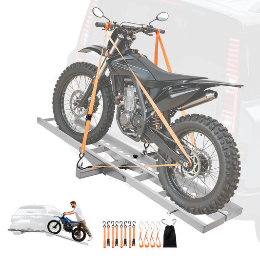 VEVOR Motorcycle Carrier, 400 lbs Capacity, Heavy Duty Aluminum Hitch Mount Rack with 73in Loading Ramp, Straps & Stabilizer, Scooter Dirt Bike Trailer Hauler for Car Truck with 2-Inch Hitch Receiver