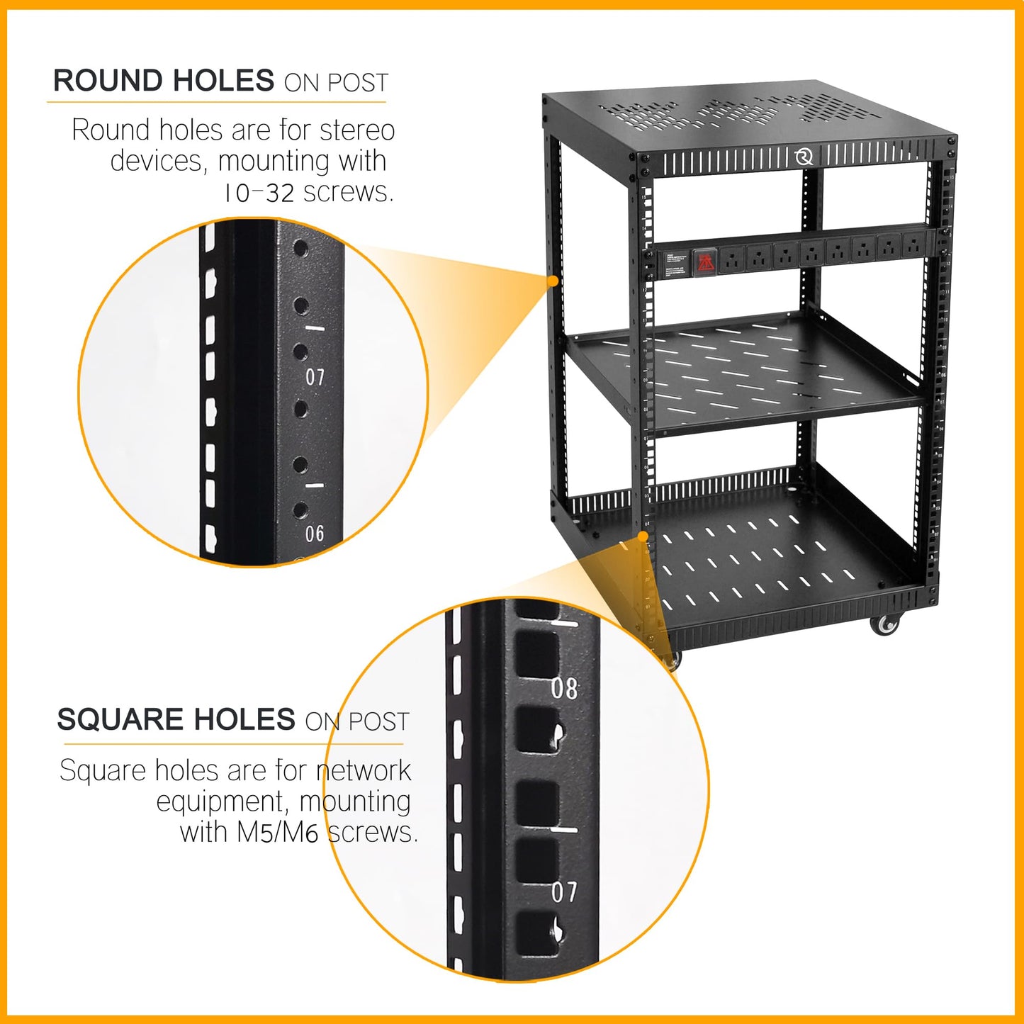 RIVECO 15U Network Rack with Reinforced Top Cover - 4 Post Floor Rack on Wheels for 19" Equipment & Stereo Gear- Including Rack Mount Power Strip & 1PCS 1U Rack Shelf
