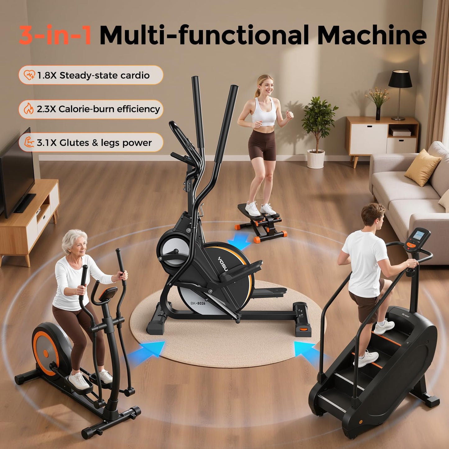 YOSUDA Elliptical Exercise Machine, Compact 3-in-1 (Elliptical + Cardio Climber + Stair Stepper) Elliptical for Home with 45°Incline, 15.5IN Stride, 16 Levels Resistance, Support Kinomap/Fed APP