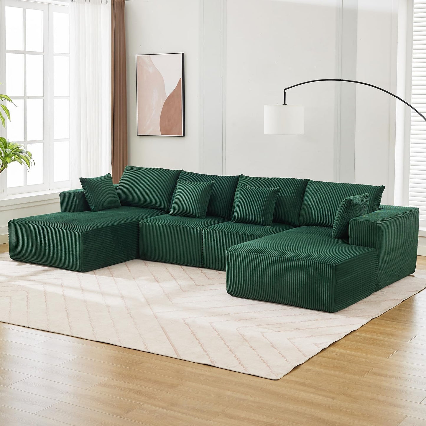 137" Modular Sectional Sofa, U-Shape Cloud Couch with Chaise, Deep Seat, Armrests and Plush Corduroy Fabric, No Assembly Required, Boneless Compression Sectional Couch for Living Room, Green