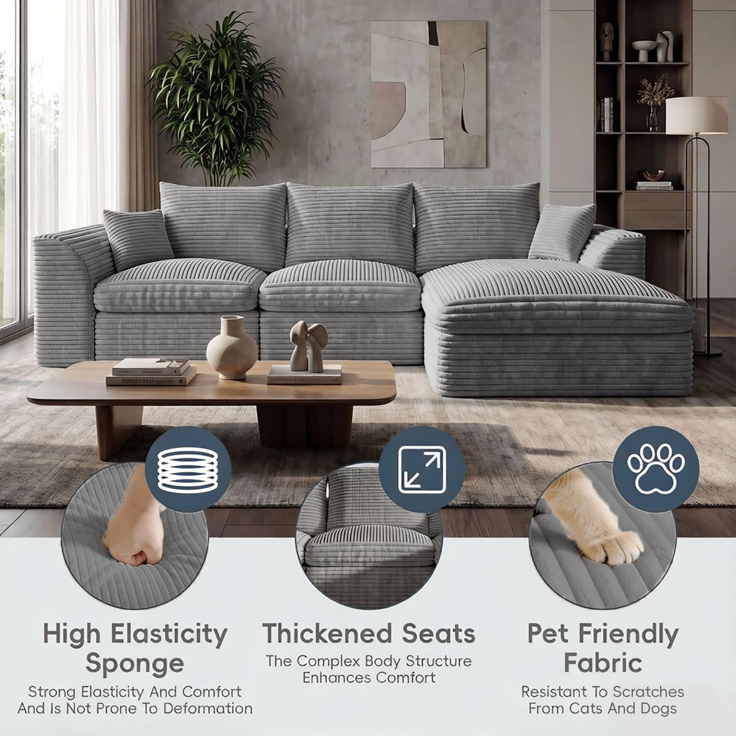 102-Inch L-Shaped Modular Boneless Cloud Sectional Sofa 4 Seat Floor Foam Sofa Couches Deep Seat with Ottoman,Comfy Corduroy Upholstered 4 PCS Compressed Cloud Couch