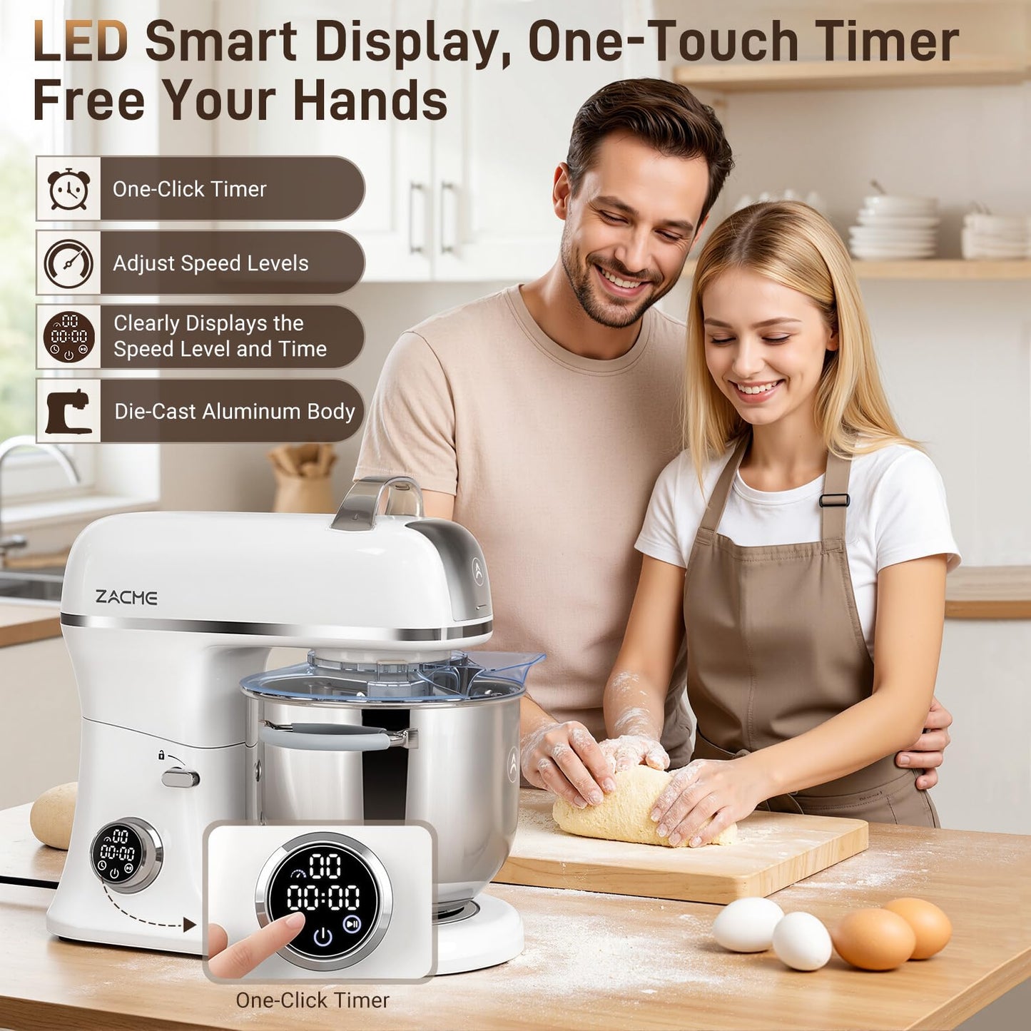 ZACME 7 Quart Stand Mixer Aluminum Die Casting, 650W 12 Speed Tilt-Head Kitchen Electric Stand Mixer, Household Food Mixer with Stainless Steel Bowl, Dough Hook, Whisk and Beater (Porcelain)