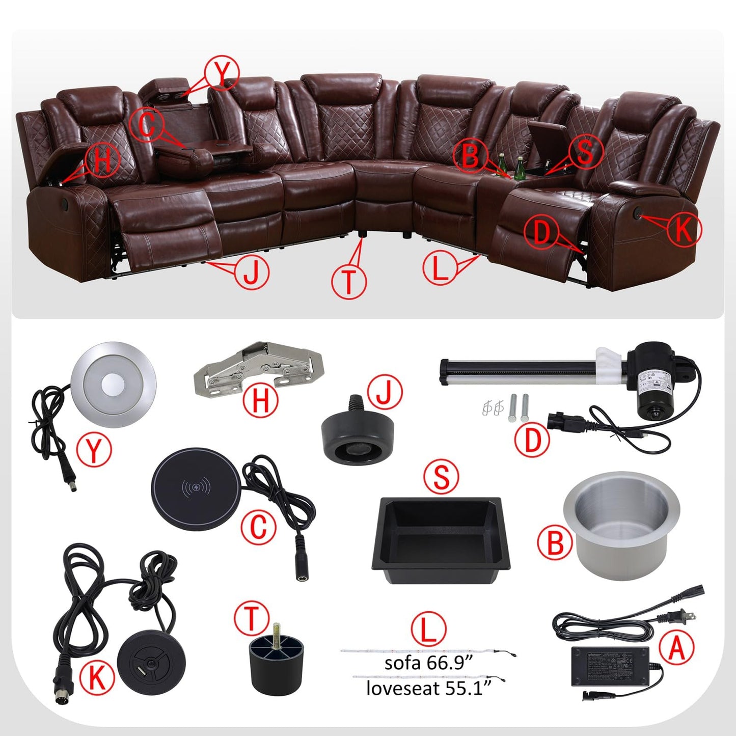 Reclining Sectional, Power Sectional Couch, Leather Sofa Set for Living Room, Comfy Home Theater Seating with USB 2.0 Charging Ports, LED Light Strips, Fold-Down Table & Cupholders (Red, 3-Piece)