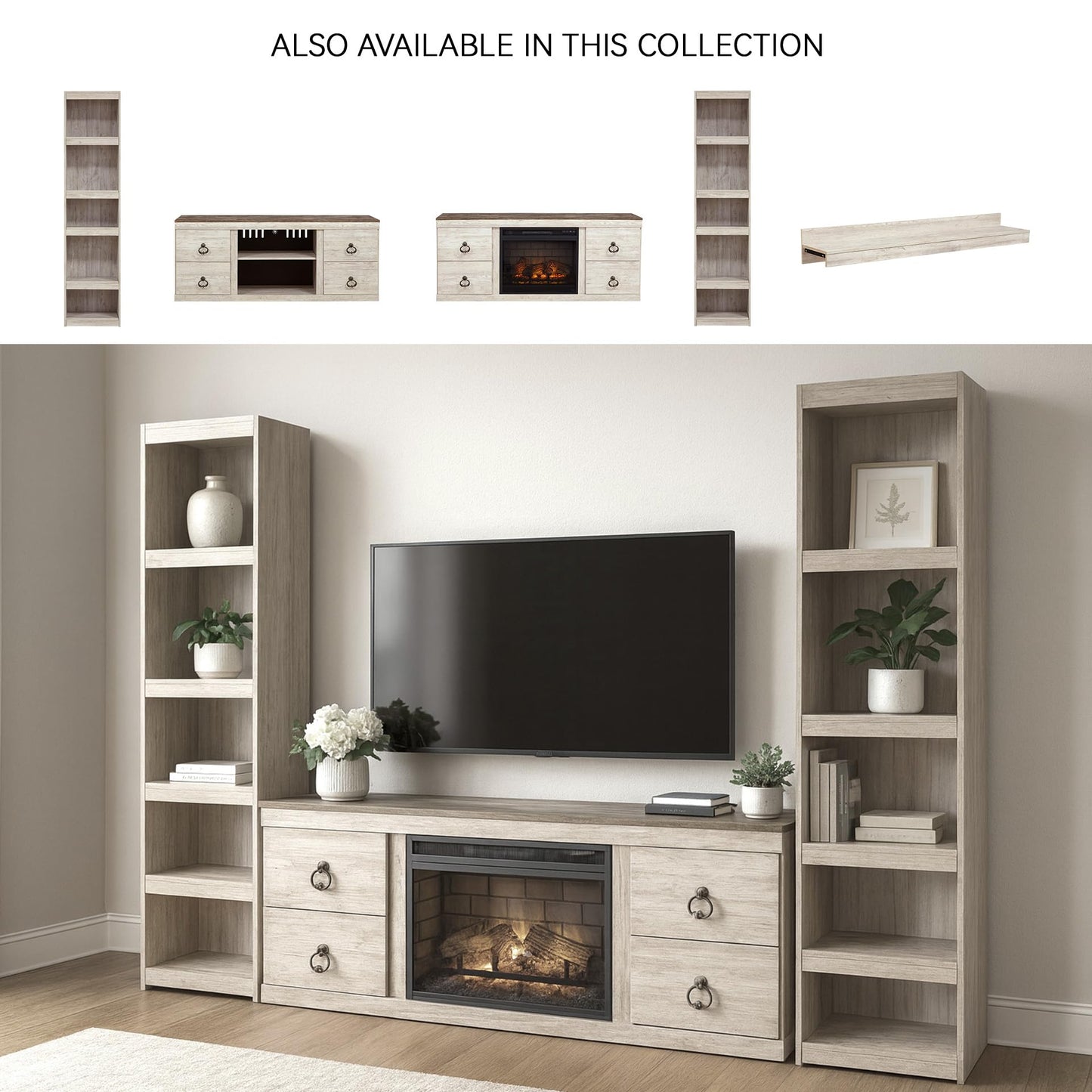 Signature Design by Ashley Willowton Entertainment Center with Electric Fireplace, Whitewash Finish, Storage TV Console with Piers, 94.25" W, Coastal Cottage Living Room
