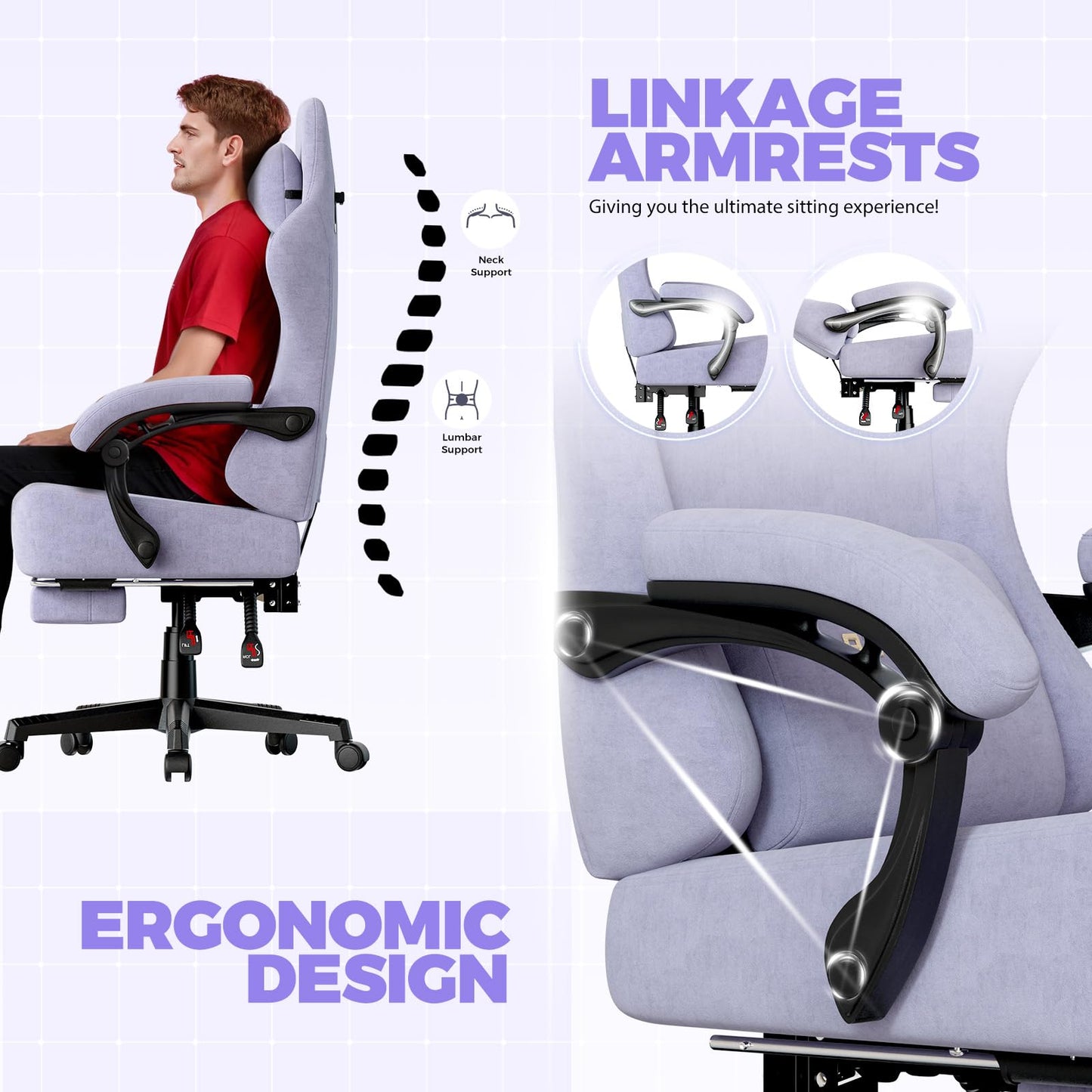 GTPLAYER Gaming Chair with Pocket Spring Cushion, High Back Ergonomic Computer Chair with Footrest for Adults Lumbar Support Swivel Game Chair for Office Gaming 350LBS, Fabric Macaron Purple