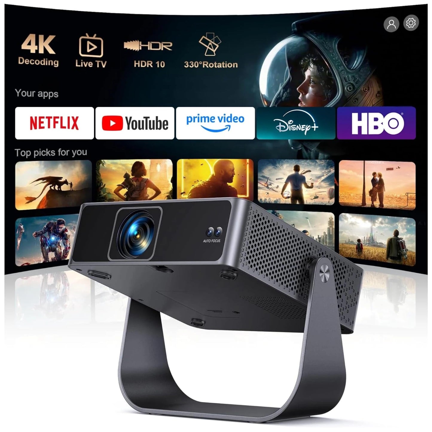 [Official Apps & Live TV & 330° Stand]Smart Mini Projector with WiFi and Bluetooth Ultra-thin, 4K Support Outdoor Movie Projector, Auto Focus, HDR10, Portable 1080P Projector for Bedroom/Home/Celling