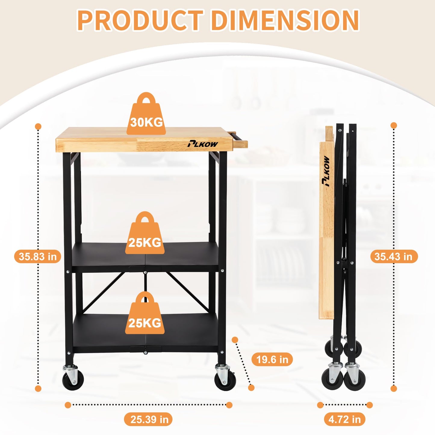 PLKOW Foldable Kitchen Cart with Solild Oak Wood Top, Rolling Kitchen Island on Wheels, 3-Tier Storage Utility Cart for Microwave, Toaster Oven, Small Spaces