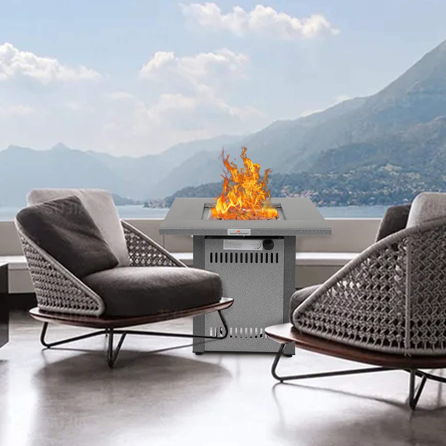 Fire Pit Table, Gas Firepit Square Steel Fire Pit Outdoor Fireplace for Patio with Pulse Ignition System, Small Fire Pit for Deck and Garden, 50000BTU, Silver Grey