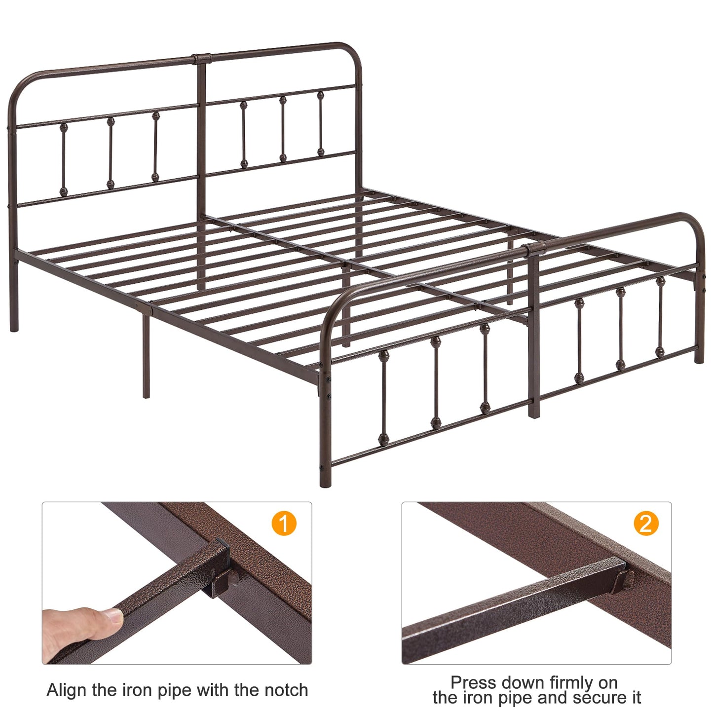 VECELO King Size Victorian Style Metal Bed Frame with Headboard Classic Metal Platform Bed Frame Mattress Foundation with Footboard/Under Bed Storage/No Box Spring Aple
