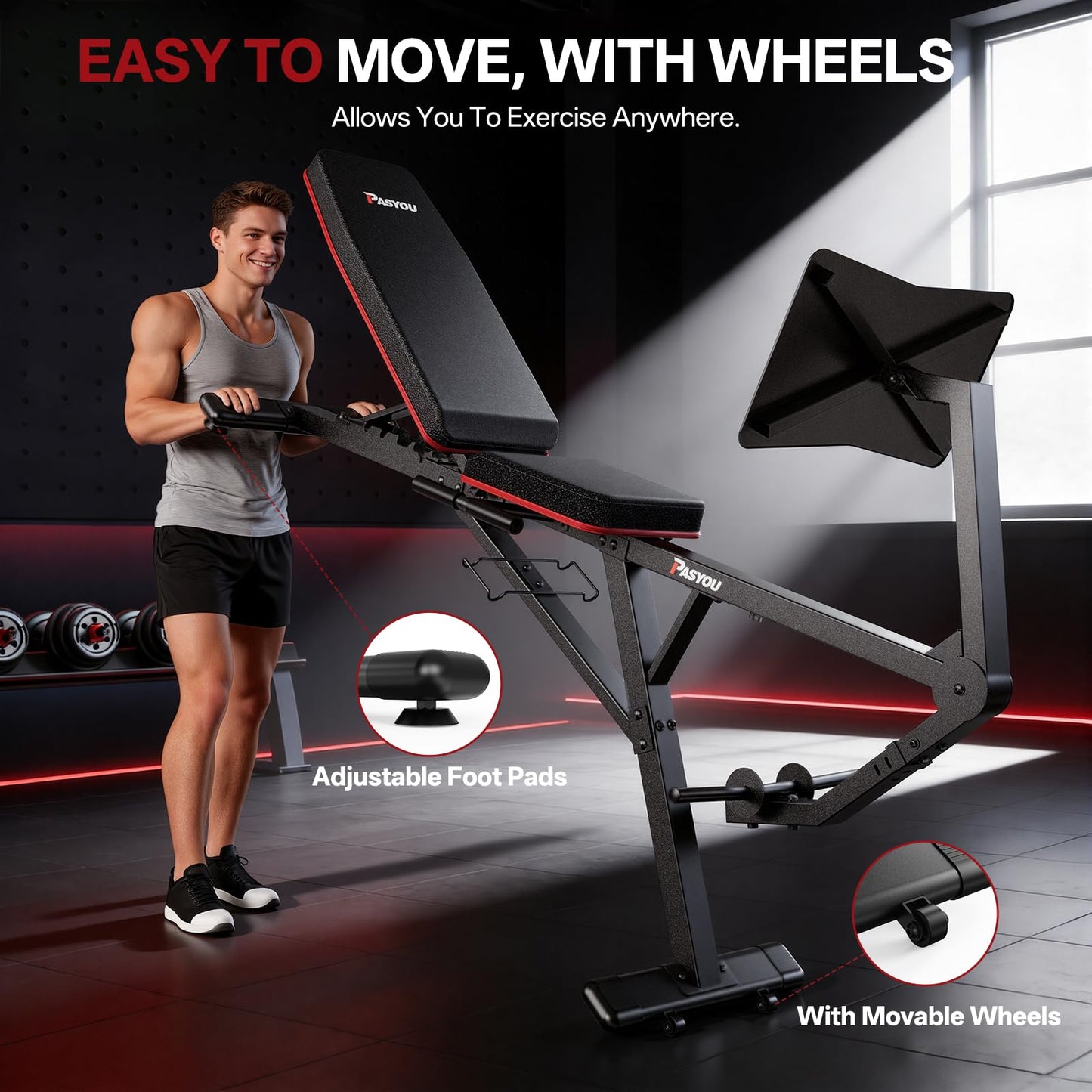 PASYOU Adjustable Weight Bench for Home Gym, Leg Press Machine – Adjustable Foot Plate Weight Bench with Leg Press, Compact Fitness Bench for Glutes, Quads, Compatible with 1'' and 2'' Weight Plates