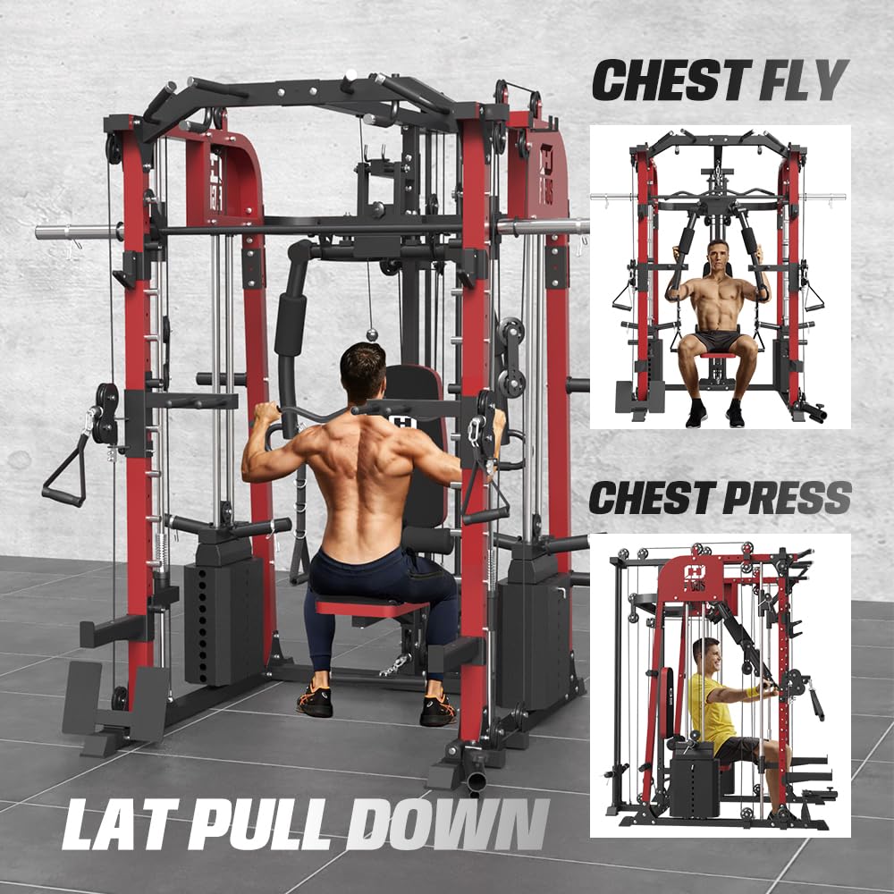smithmachine with Weight Bench Combo, Home Gym with Dual Weight Stacks, 4000LBS Power Cage Squat Rack with Lever Arm, Leg Press, LAT Pull Down, Cable Crossover Machine for Full Body Training, Red