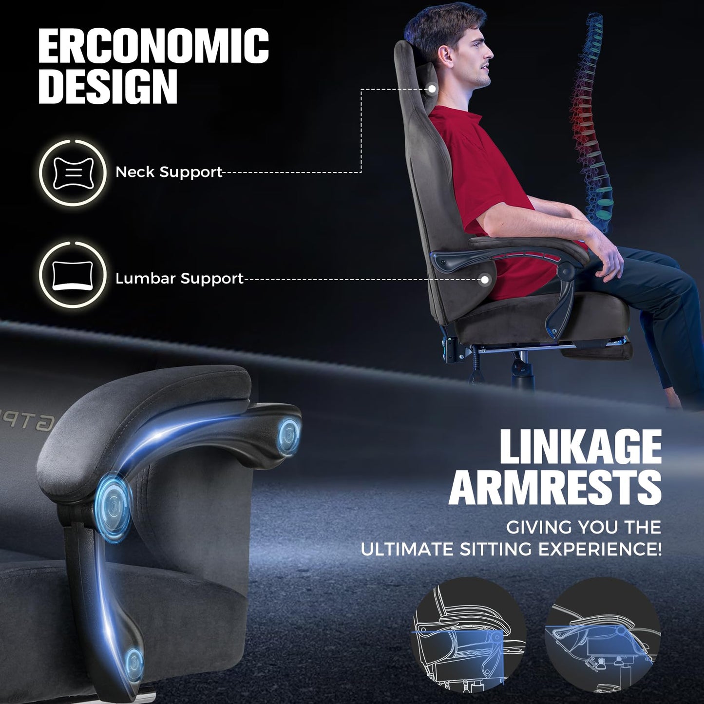 GTPLAYER Big and Tall Gaming Chair 400lbs Heavy Duty Office Chair with Foot Rest, High Back Pocket Spring Ergonomic Computer Chair for Adults, Wide Comfy Seated Cushion with Linkage Armrests, Grey