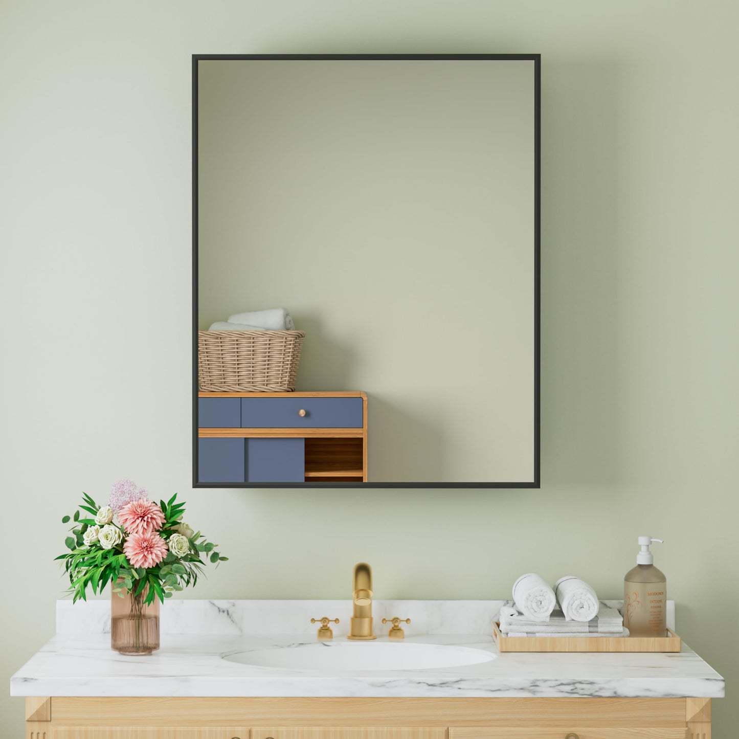 Buruis 24" x 30" Framed Medicine Cabinet with Mirror, Recessed or Wall Mounted Bathroom Cabinet, Adjustable Tempered Glass Shelves, Left/Right Open Reversible, No Assembly Required, Black