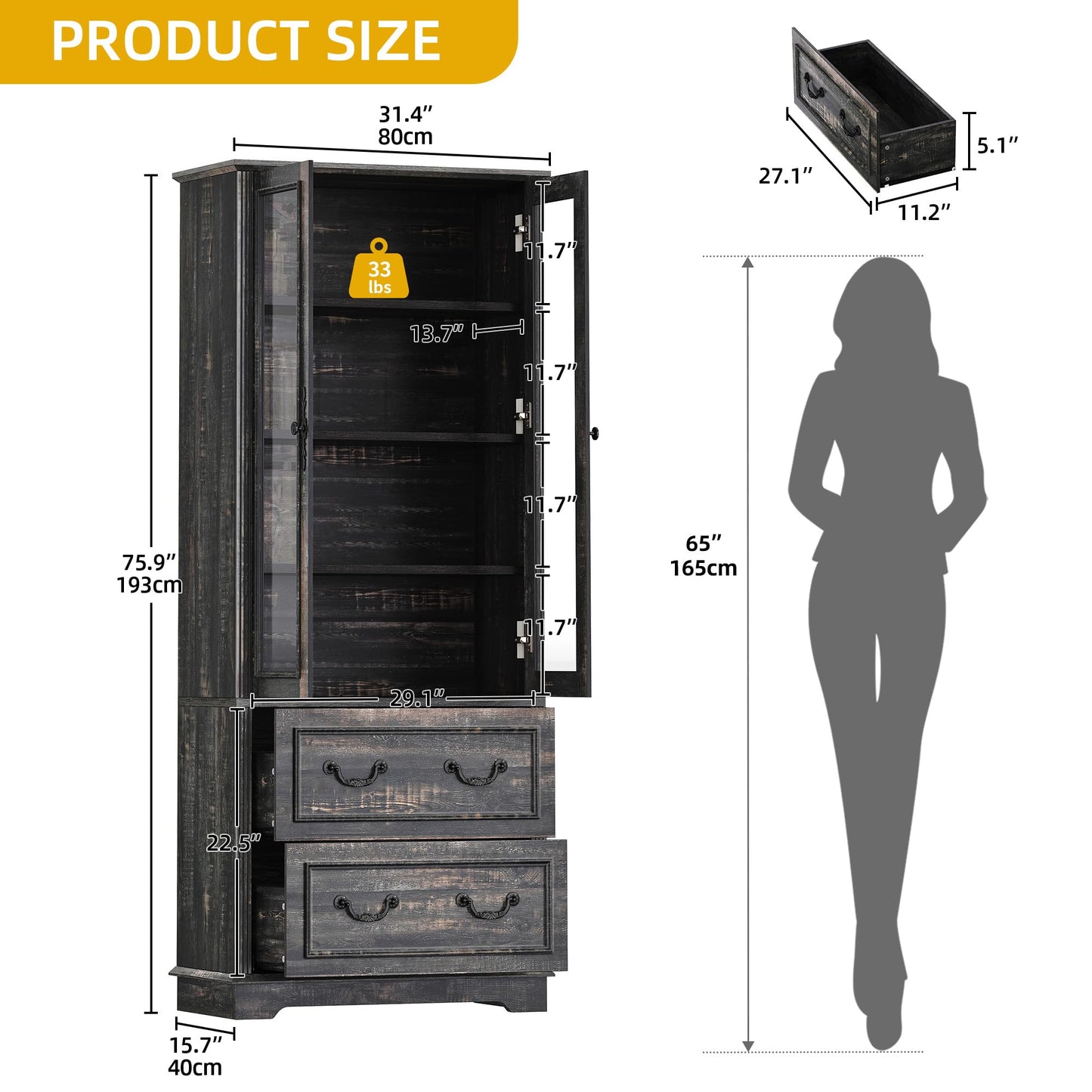 DWVO 76" Storage Cabinets, Freestanding Kitchen Pantry with Adjustable Shelves & Drawers, Farmhouse Glass Display Cabinets Tall Cupboard for Dining Room, Living Room, Dark Rustic