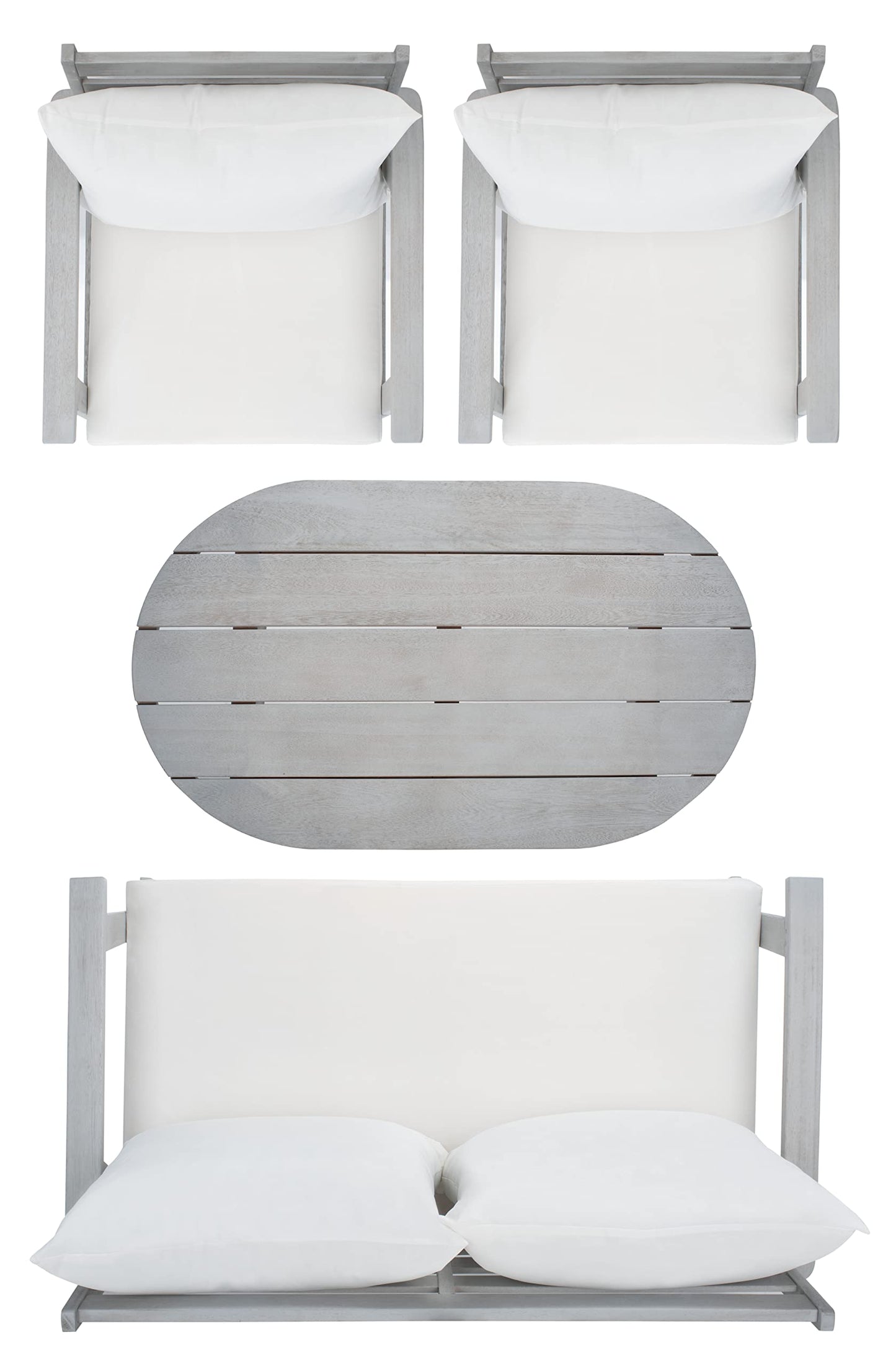 SAFAVIEH Outdoor - Deacon 4-Piece Conversation Set - Grey & Beige - Solid Wood - Coastal Slatted Design with Cushions - Ideal for Patio, Deck, Porch, Backyard (PAT7050H)