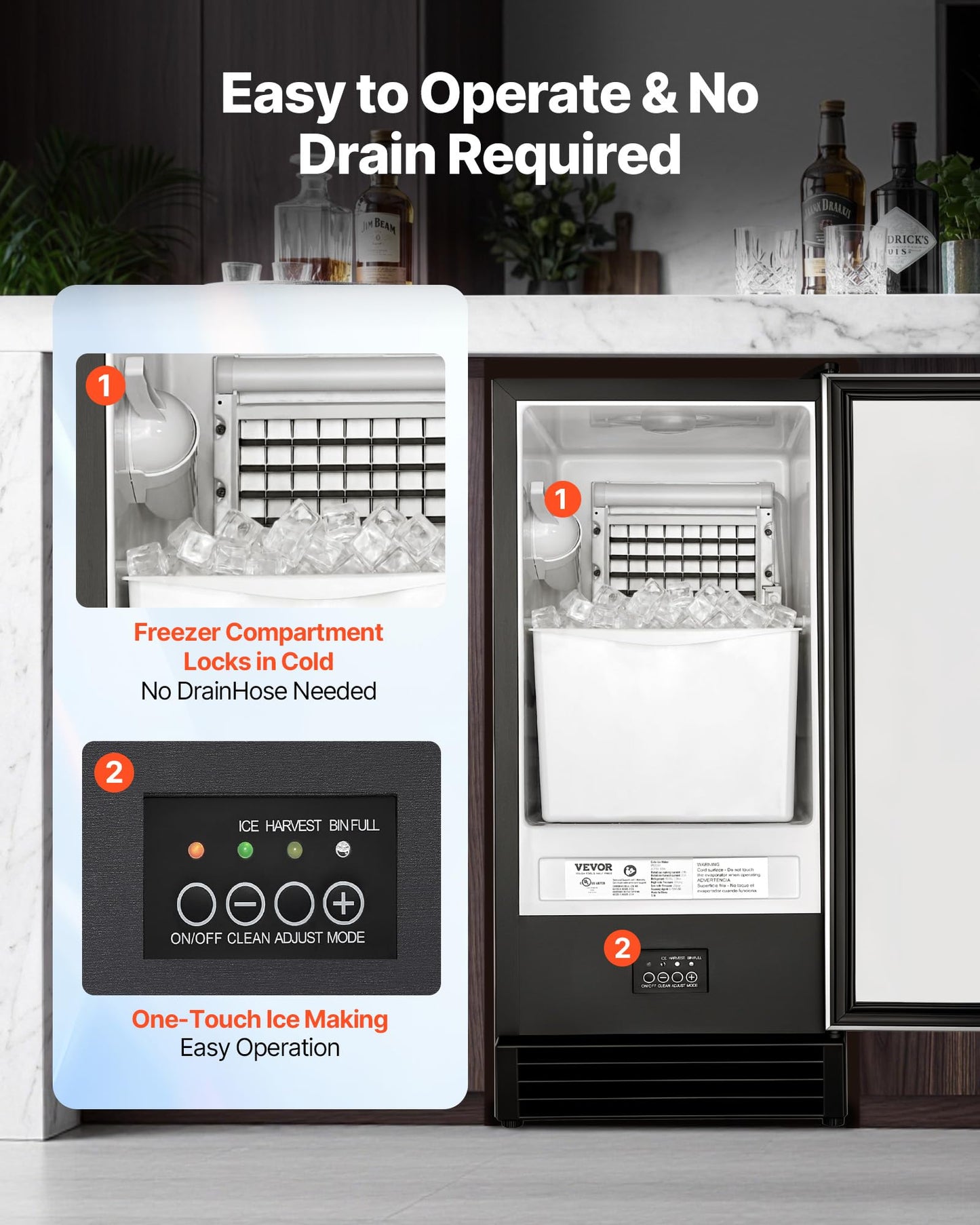 VEVOR Undercounter Built-in Ice Maker, 50 Lbs/Day Under Counter Ice Maker Machine with Drain Pump, Reversible Door, Stainless Steel Freestanding Ice Maker for Commercial Home Kitchen