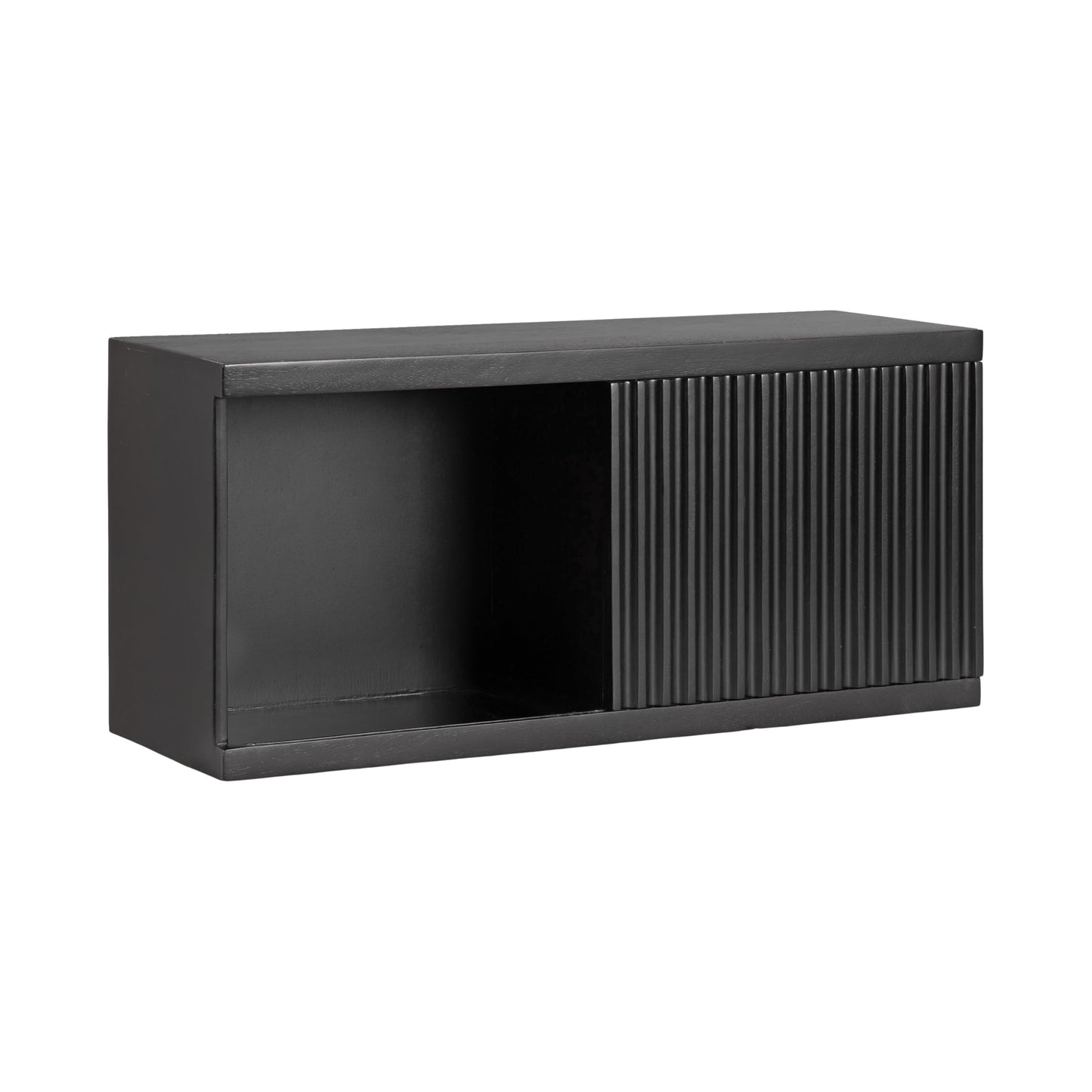 Kate and Laurel Furrow Modern Wooden Sliding Ribbed Door Wall Cabinet; 30 x 10 x 14; Black; Decorative Storage Cabinet with Sliding Door for Use as Floating Nightstand or Floating TV Shelf