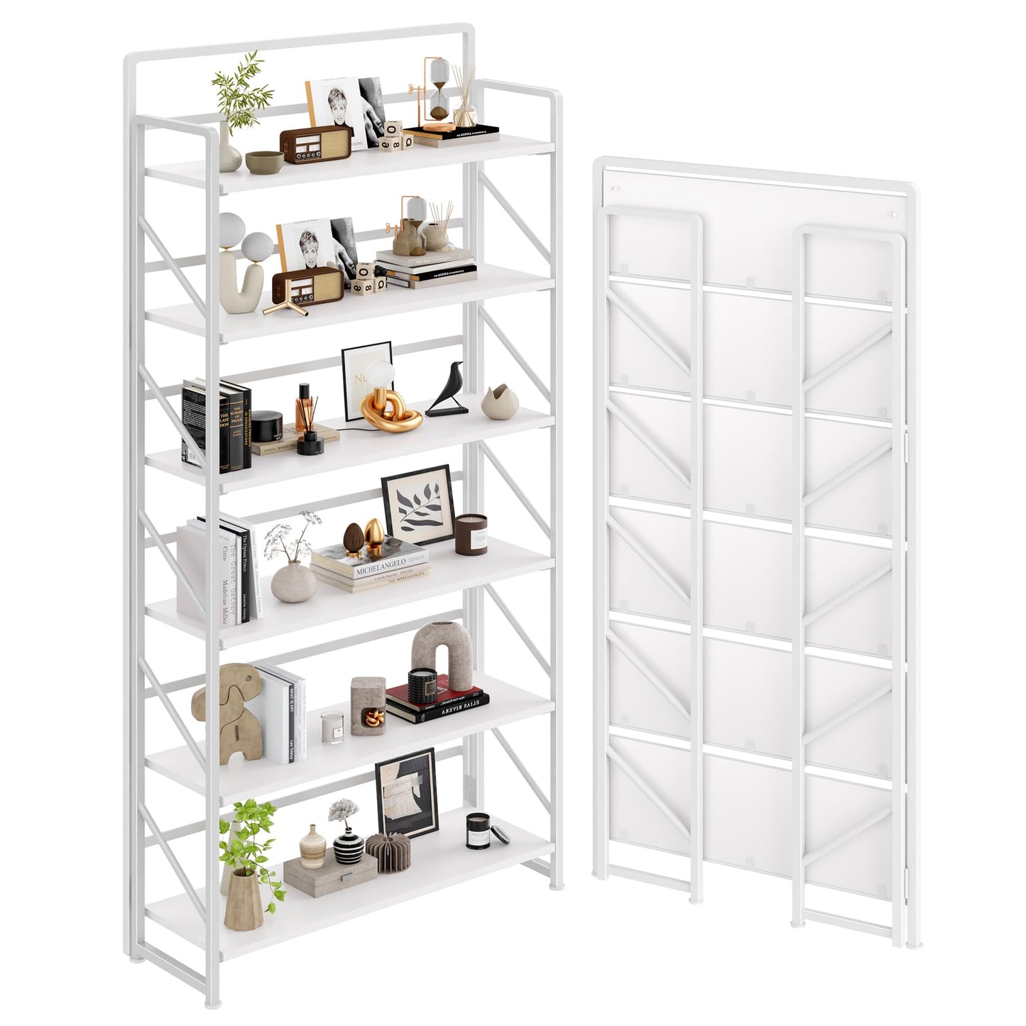 JSB 6 Tier No Assembly Folding Bookshelf, 30.3" Wide Foldable Storage Bookcase for Home Office, Space-Saving Storage Shelf for Living Room (All White)