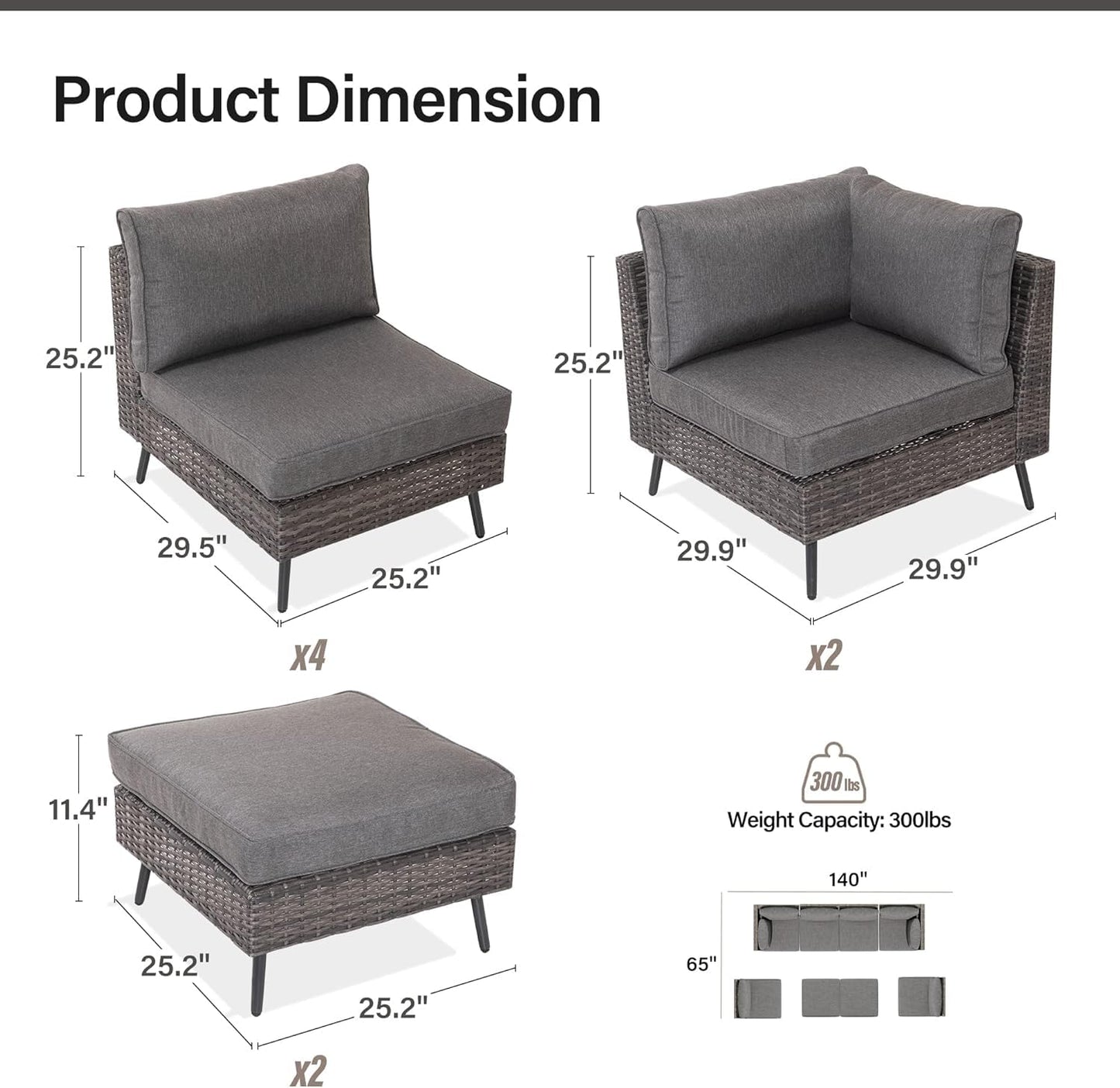 EO Living 8-Piece Patio Furniture Set, Outdoor Sectional Sofa PE Rattan Outdoor Patio Furniture with Thick Cushions, All Weather Patio Conversation Sets for Garden, Poolside, Backyard(Grey)