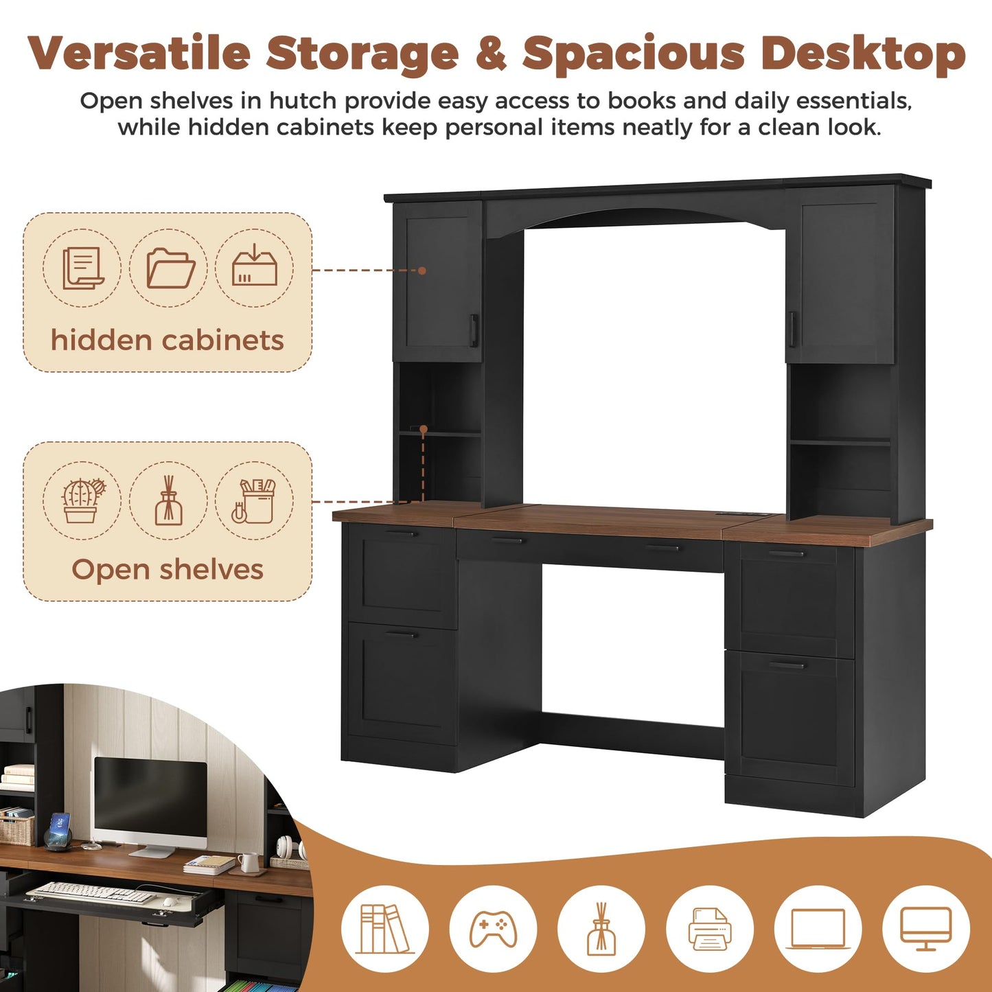 Merax Farmhouse Arched 67" Computer Desk with Power Outlets & Keyboard Tray, Wood Executive Home Office Desk with Hutch, Writing Desk with Storage Drawers for Working Study, Black