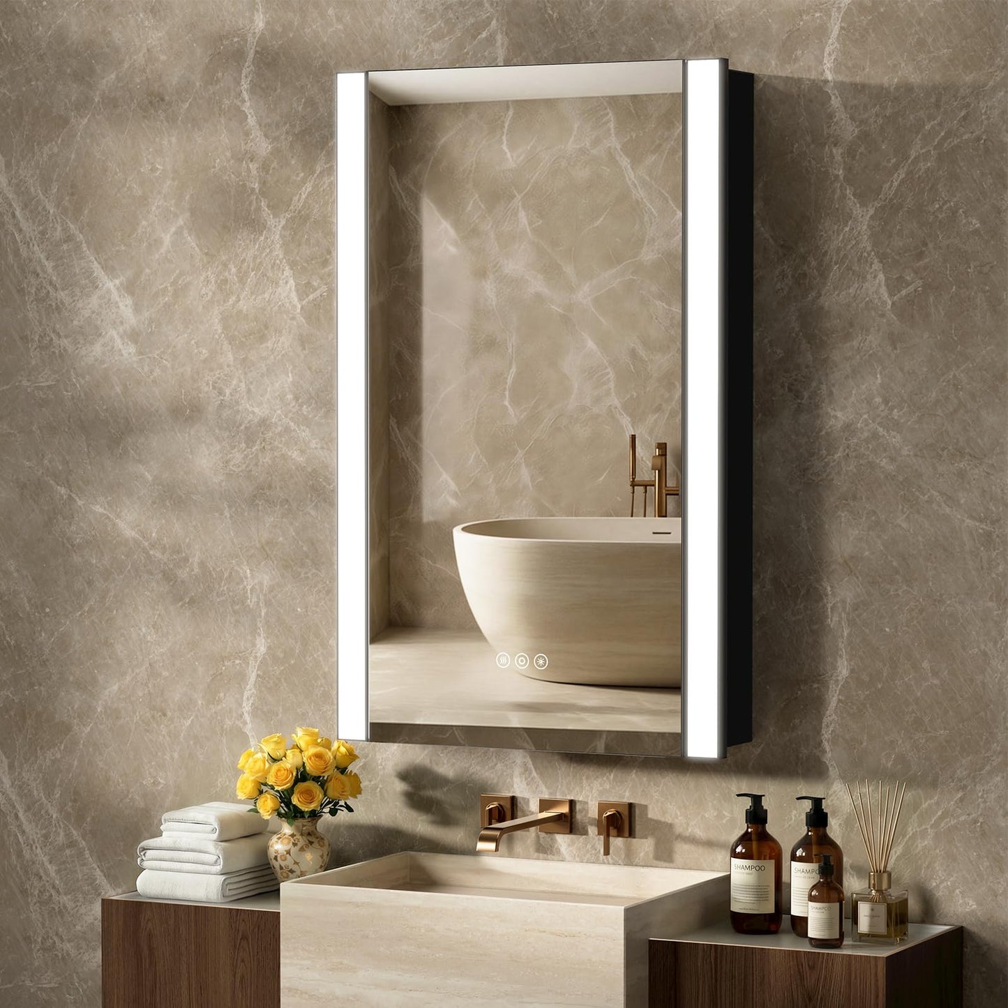 ACEMIRO 20x32 Inch Lighted Medicine Cabinet, Modern Bathroom Medicine Cabinet Mirror with Sleek Vertical LED Lights, Dimmer, Lower Outlet & USB, Smart Storage, Recessed or Surface Mount, 2 Shelves