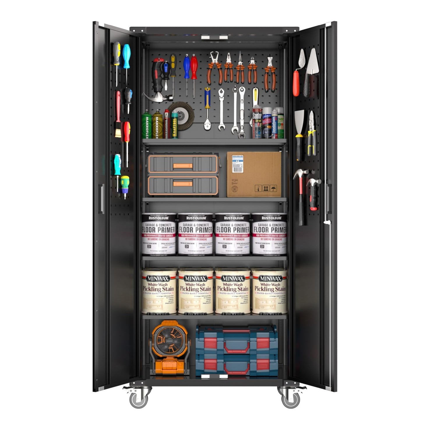 72-Inch H Black Metal Garage Storage Cabinet with Wheels & Pegboard, Locking 2-Door Rolling Storage Cabinet with 4 Adjustable Shelves for Garage, Workshop & Home Office