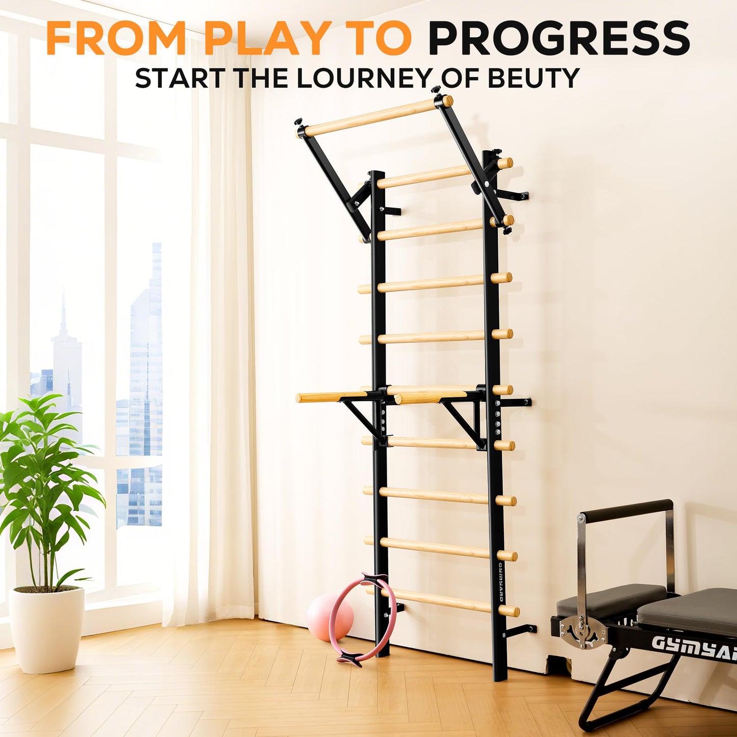 GymYard Swedish Ladder, Wood Stall Bar, Swedish ladders Wall Gym Adult, Adjustable Pull Up and Dip Station for Adults and Kids, 9-Anchor Solid Pine, Home Fitness