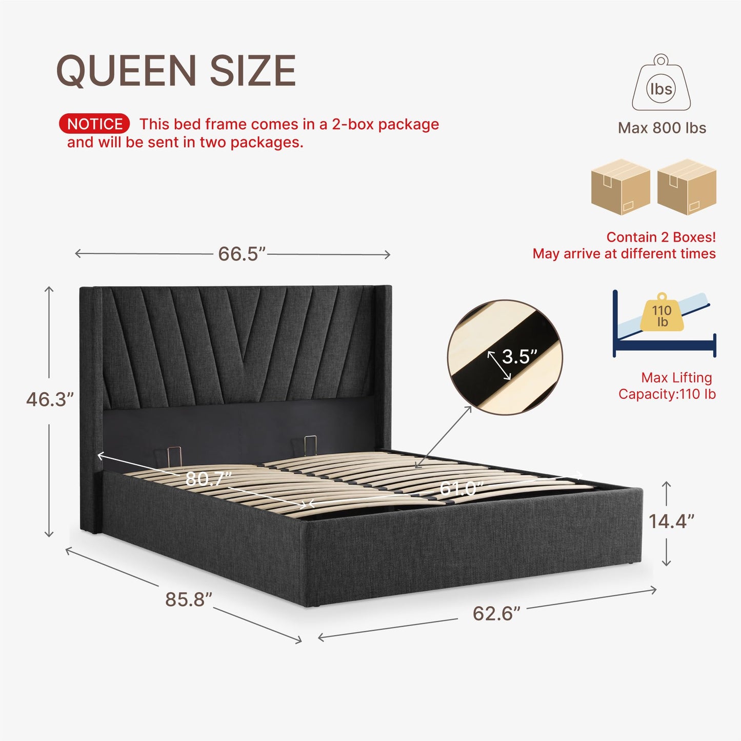 KISLOT Queen Size Lift Up Storage Bed Frame, Modern Hydraulic Support Platform Bed Wingback Velvet Headboard Sturdy Wooden Slat Support No Box Spring Needed