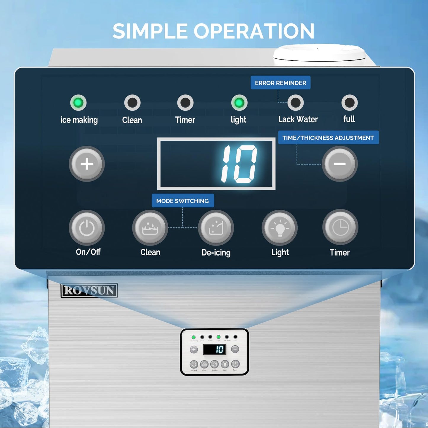 ROVSUN 110LBS/24H Commercial Ice Maker Machine with 50lbs Storage Bin, Freestanding/Countertop Ice Machine with 2 Water Inlets, Ice Scoop & Water Filter for Home Office Restaurant Bar Cafe Use