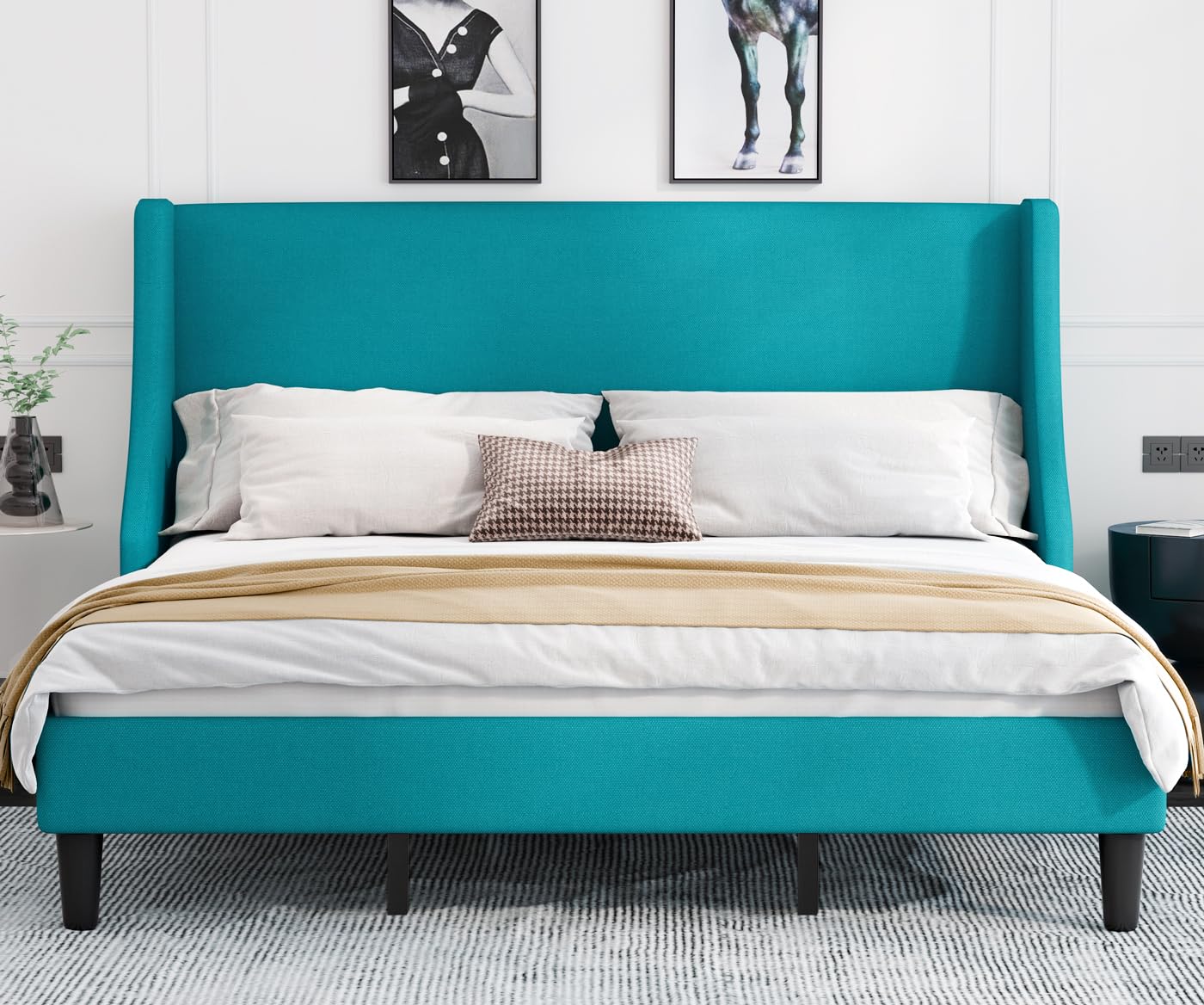 Allewie King Size Platform Bed Frame with Upholstered Headboard, Modern Deluxe Wingback, Wood Slat Support, Mattress Foundation, Peacock Green