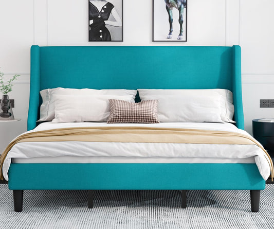 Allewie King Size Platform Bed Frame with Upholstered Headboard, Modern Deluxe Wingback, Wood Slat Support, Mattress Foundation, Peacock Green