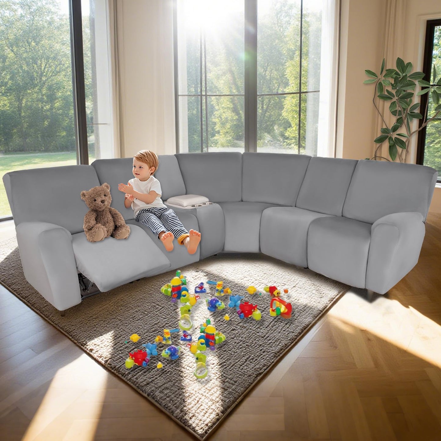 HDCAXKJ Reclining Sectional Couch Covers Velvet L Shaped Sectional Sofa Cover Washable Stretch Soft Corner Recliner Slipcover with Non-Slip Elastic Bottom (5 Seat and 2 Middle Console, Light Gray)