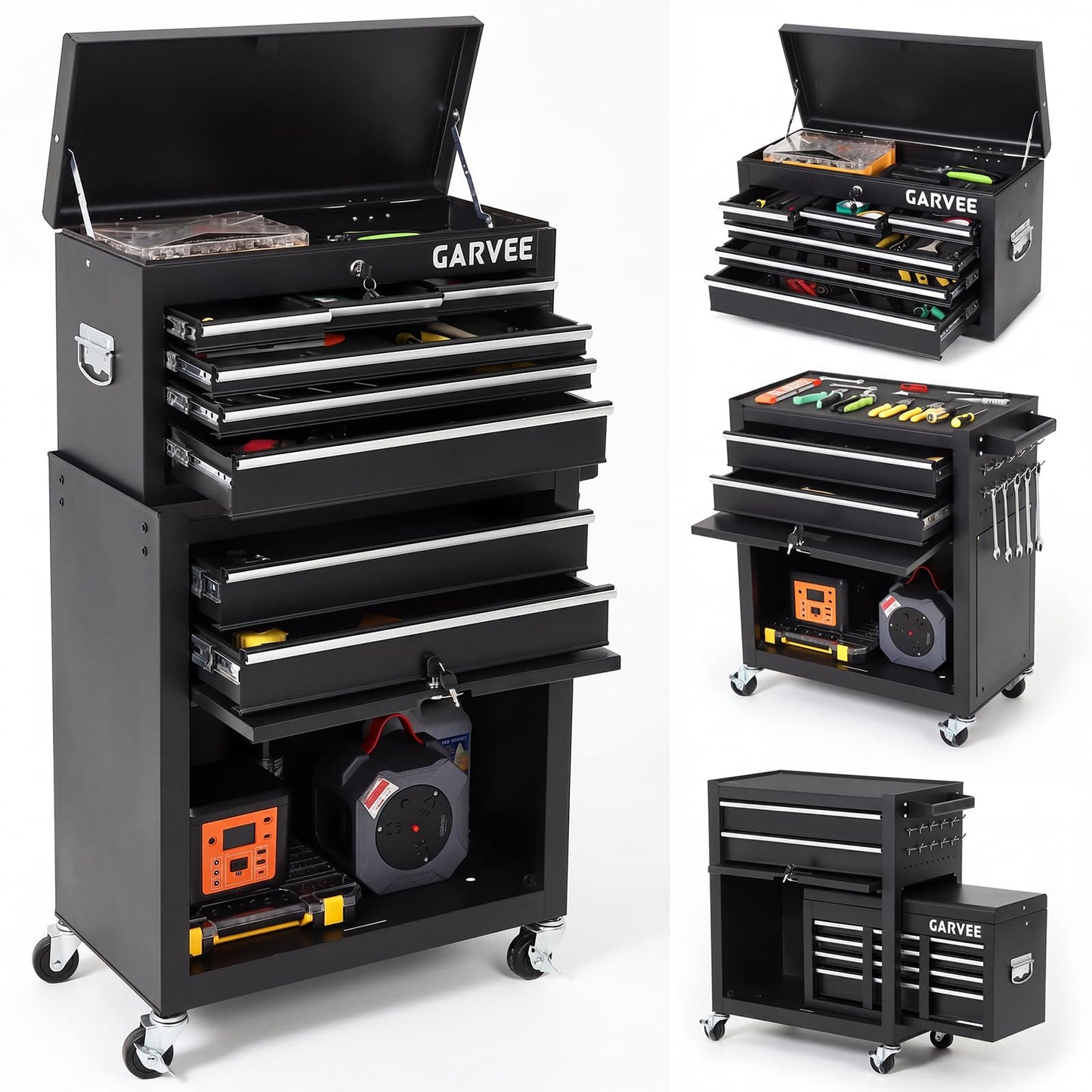 8-Drawer 2-in-1 Rolling Tool Cart with Lock Detachable Top Box - Black
