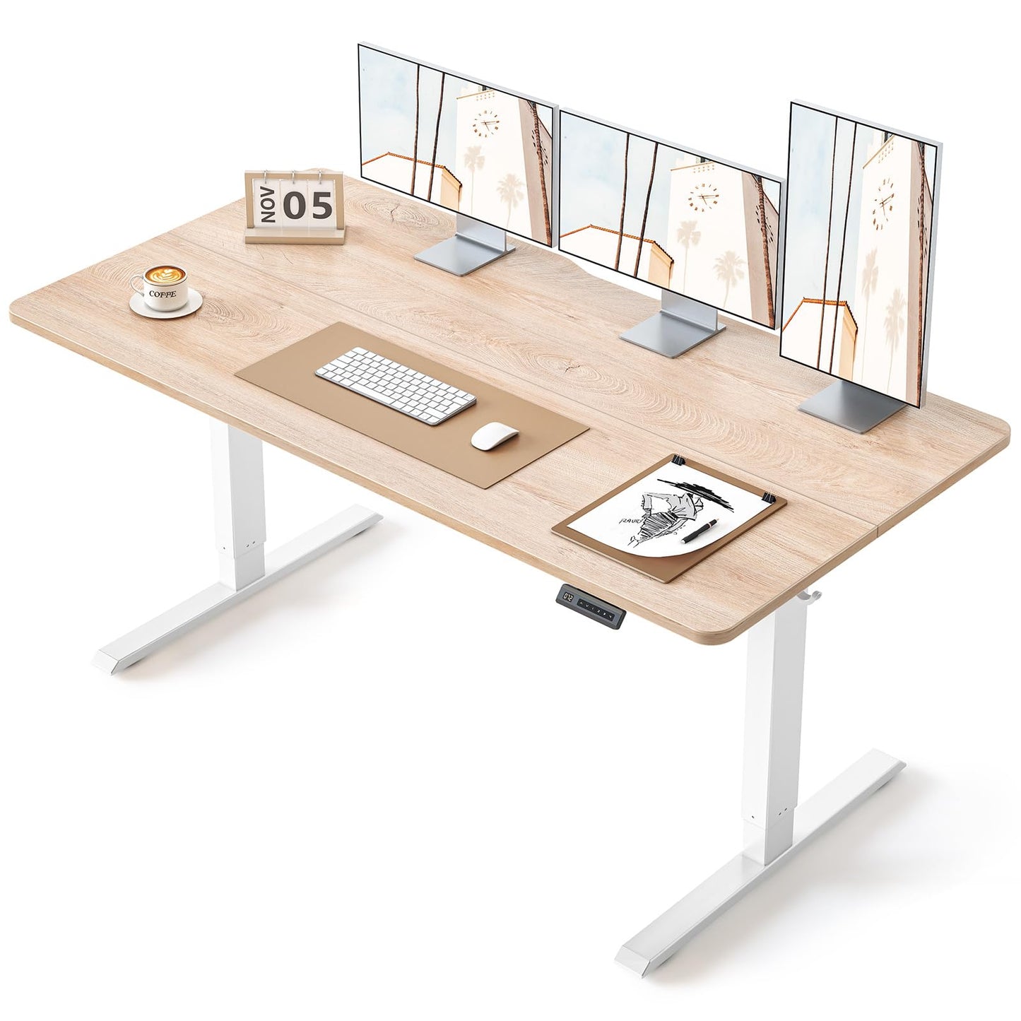 BANTI 63 × 28 Inches Standing Desk, Ergonomic, Electric Height Adjustable, Sit and Stand Up, Computer Desk with a Deeper Desktop, White Frame/Maple Top