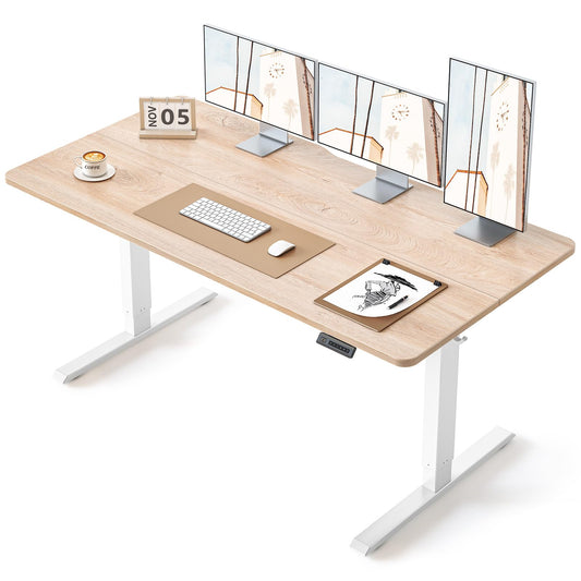 BANTI 63 × 28 Inches Standing Desk, Ergonomic, Electric Height Adjustable, Sit and Stand Up, Computer Desk with a Deeper Desktop, White Frame/Maple Top