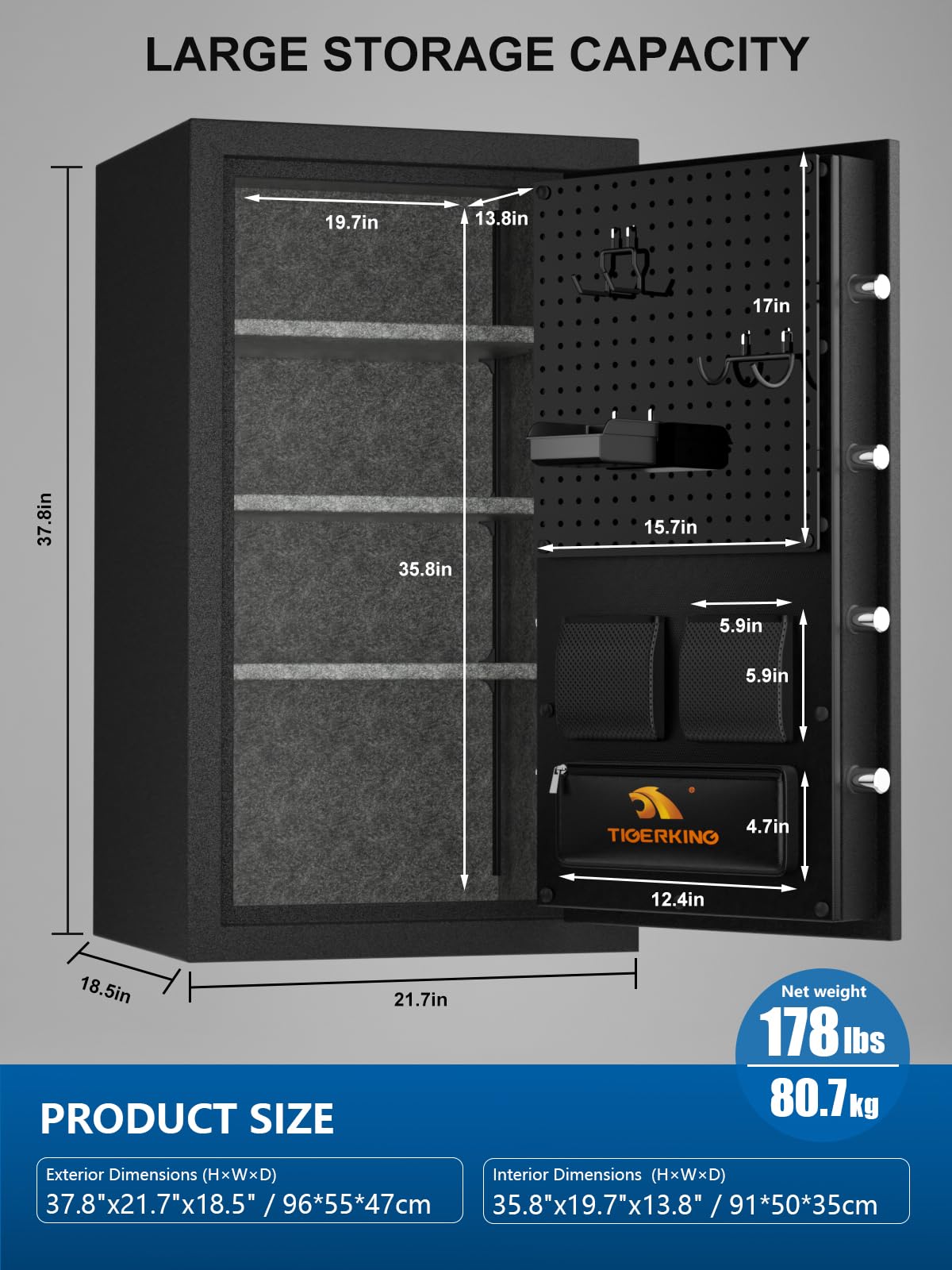 TIGERKING Fireproof Home Safe, Large 8.78 Cu Ft, 178 lb Heavy-Duty Steel, 40-Min Fire & 72-H Water Protection, Digital Keypad, Alarm System