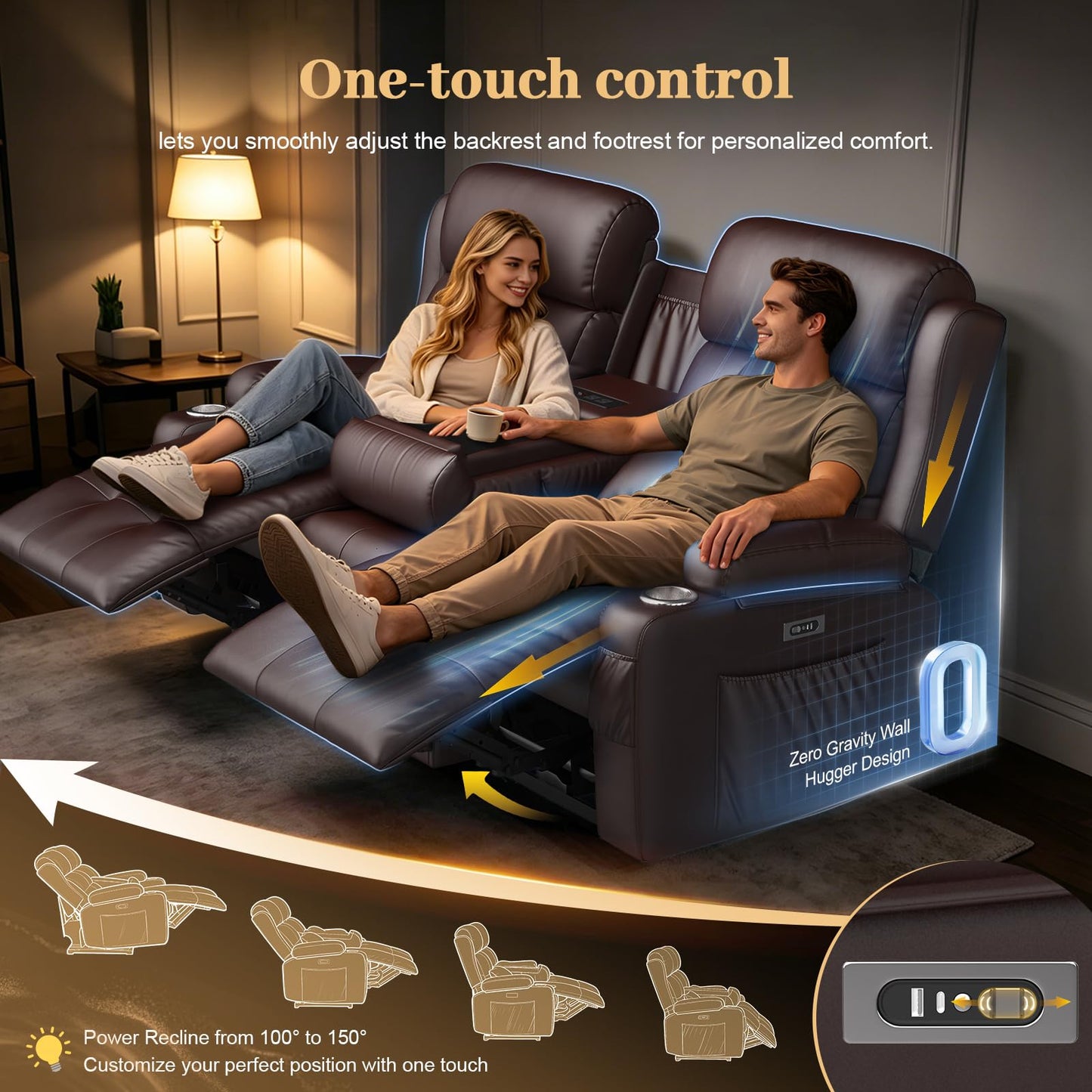 Aotolo Power Reclining Loveseat Sofa with Console, Wall Hugger RV Recliner Couch, Home Theater Seating with Heating & Massage, Bluetooth Speaker, LED Light, USB & Type-C Ports, Storage Armrests