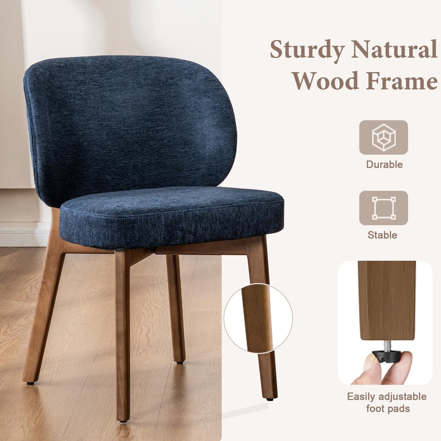 YOUNUOKE Upholstered Dining Chair, Modern Chenille Fabric Dining Room Chair with Wood Legs, Widen Backrest Comfy Side Kitchen Chairs, Blue (Single Pack)