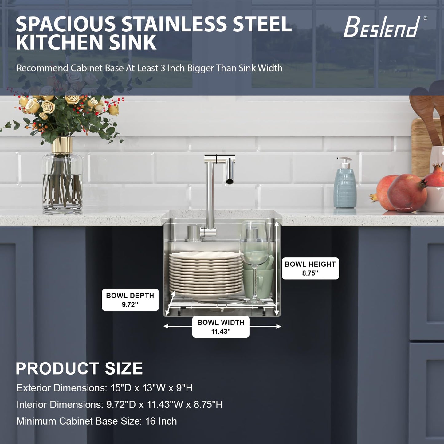 13 Inch Stainless Steel Outdoor Prep Sink - Beslend 16 Gauge Undermount Bar Sink with Folding Faucet & Cover, Waterproof for Indoor/Outdoor Kitchen, Grill Station, Poolside,13x15x9 In