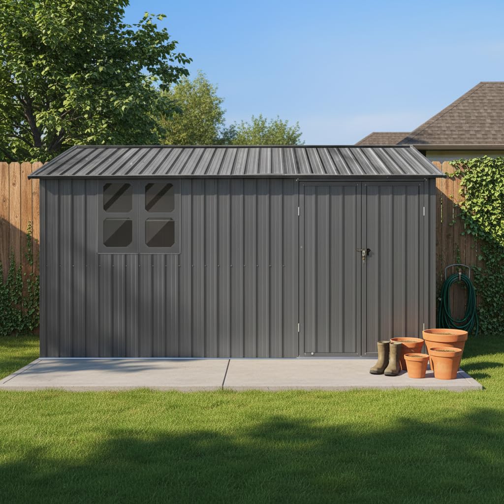 YOPTO 12x10 FT Outdoor Storage Shed,Metal Shed W/Goods Shelves & Window,Garden Tool House W/ 2 Vents & Lamp Hanging Hole & Apex Roof and Lockable Doors,for Backyard Patio Lawn,Grey