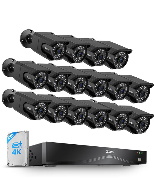 ZOSI 4K 16CH PoE Security Camera System, 16 x 8MP PoE IP Camera Outdoor Indoor with Human Detection, 100ft IR Night Vision, IP66 Weatherproof, 4K 16CH H.265+ NVR with 4TB HDD for 24/7 Audio Recording