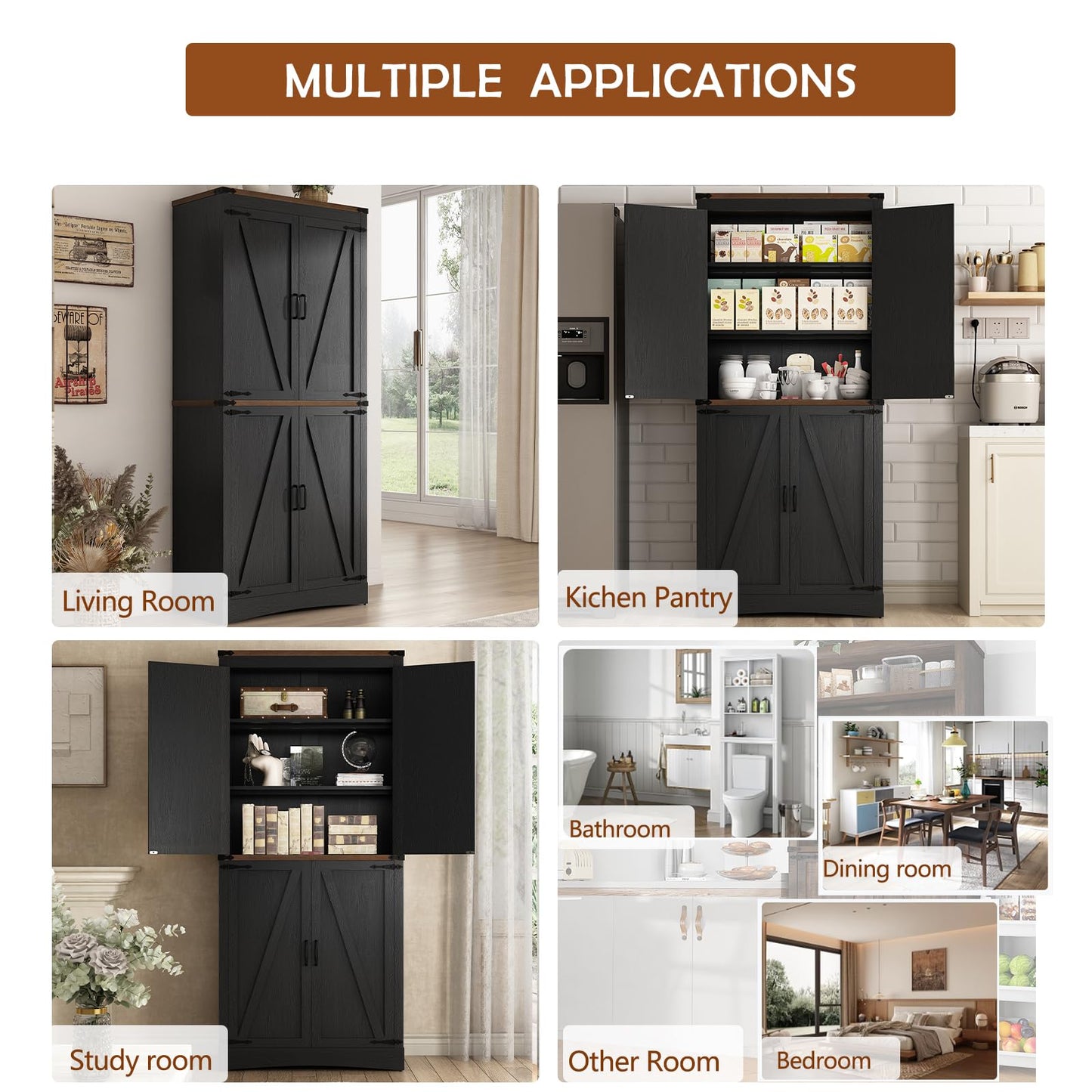 Hlivelood 71" Tall Kitchen Pantry,Farmhouse Storage Cabinet with Adjustable Shelves,Load-Bearing Steel Pipe,Farmhouse Pantry Cabinet with 4 Barn Doors,for Kitchen,Dining Room,Living Room(Black)